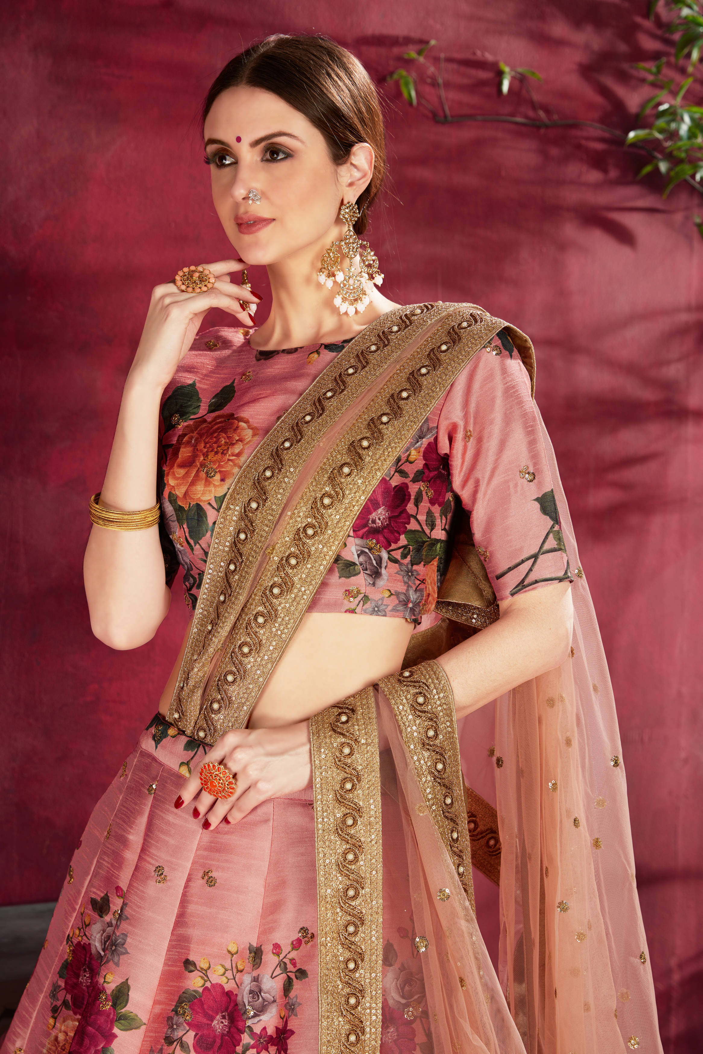 Adorning Peach Floral Printed Banglory Silk Wedding Lehenga Choli With Dupatta