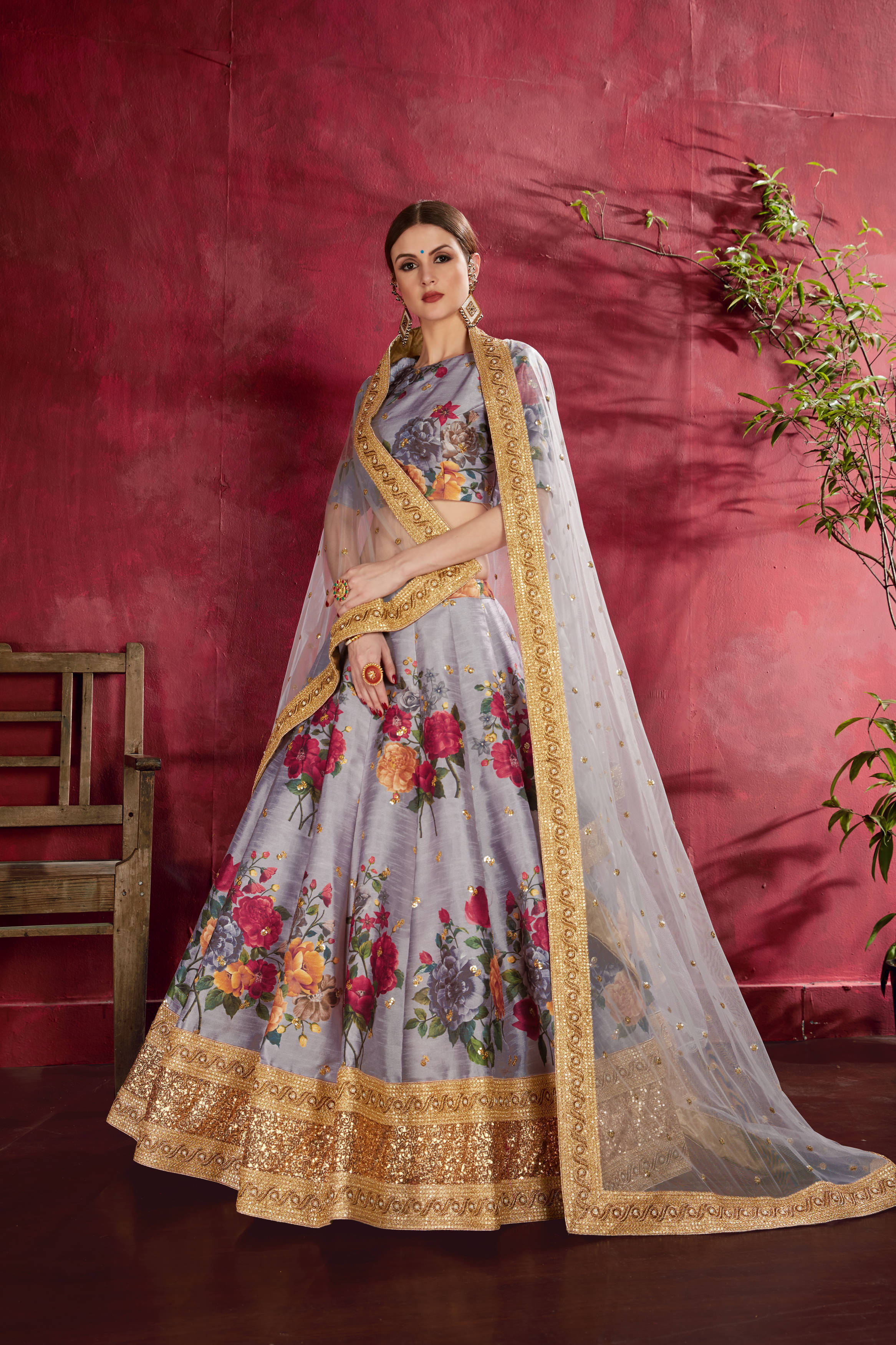 Impressive Grey Floral Printed Banglory Silk Wedding Lehenga Choli With Dupatta