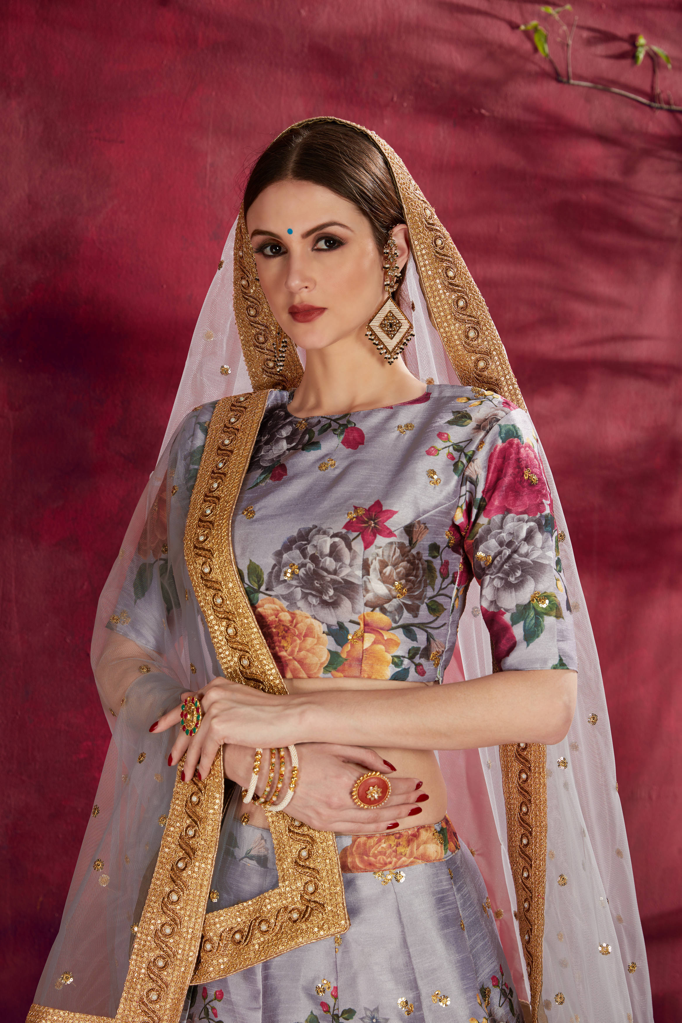 Impressive Grey Floral Printed Banglory Silk Wedding Lehenga Choli With Dupatta