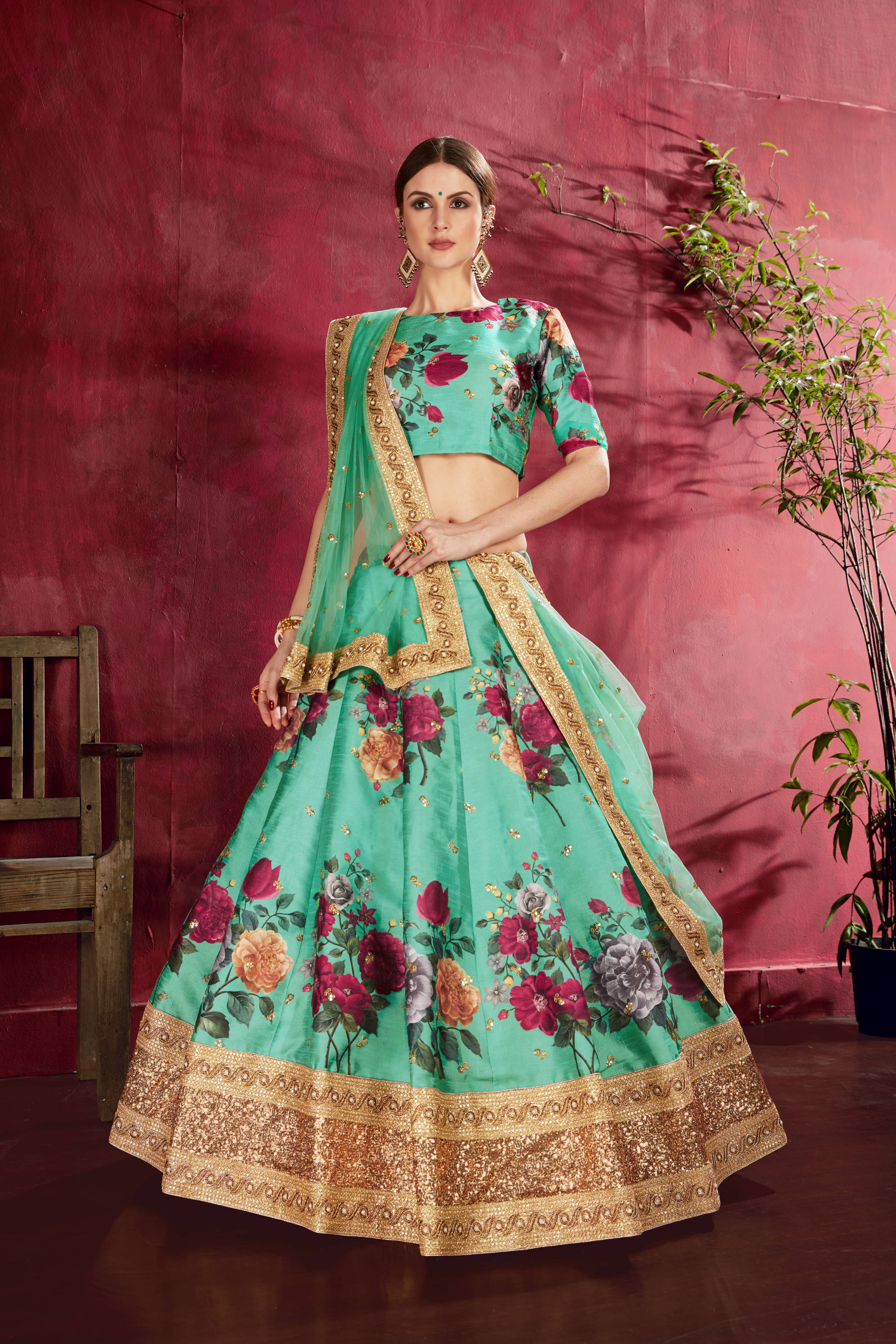 Desiring Green Floral Printed Banglory Silk Wedding Lehenga Choli With Dupatta