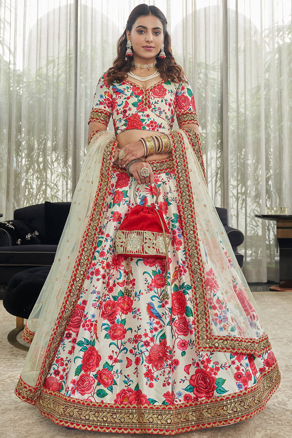 Ravishing White Floral Printed Art Silk Lehenga Choli With Dupatta