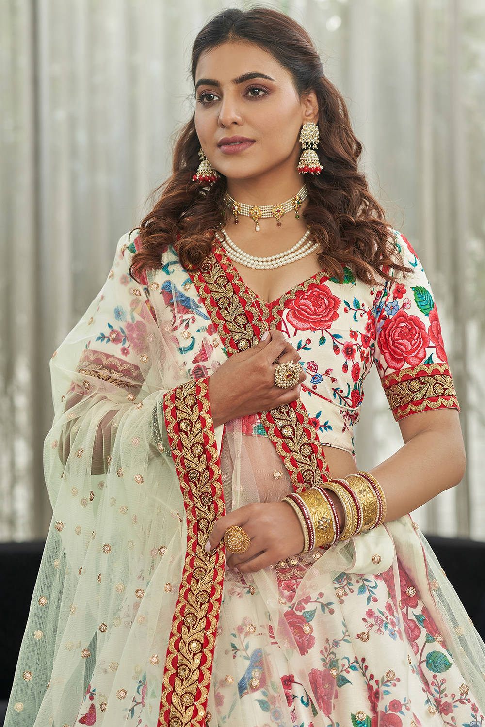 Ravishing White Floral Printed Art Silk Lehenga Choli With Dupatta