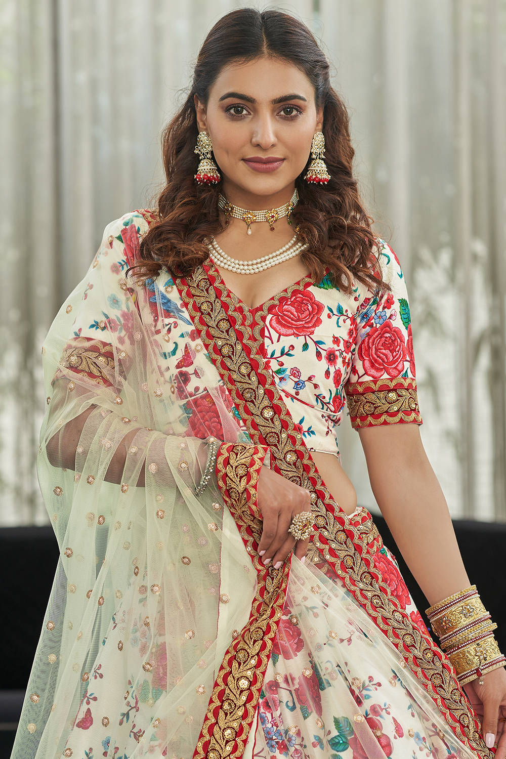 Ravishing White Floral Printed Art Silk Lehenga Choli With Dupatta