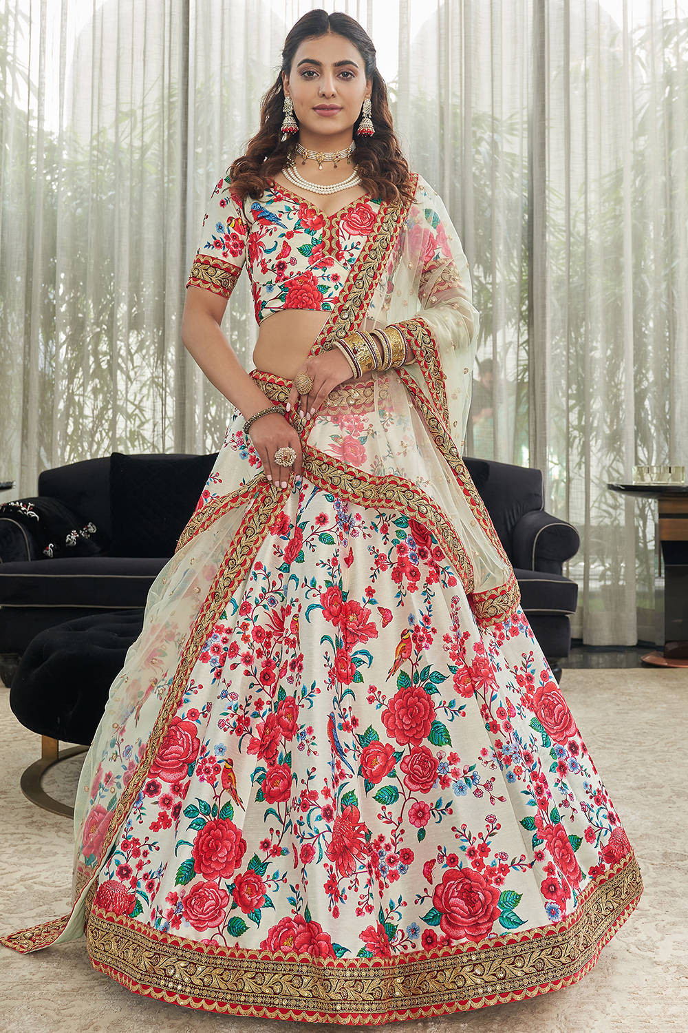 Ravishing White Floral Printed Art Silk Lehenga Choli With Dupatta