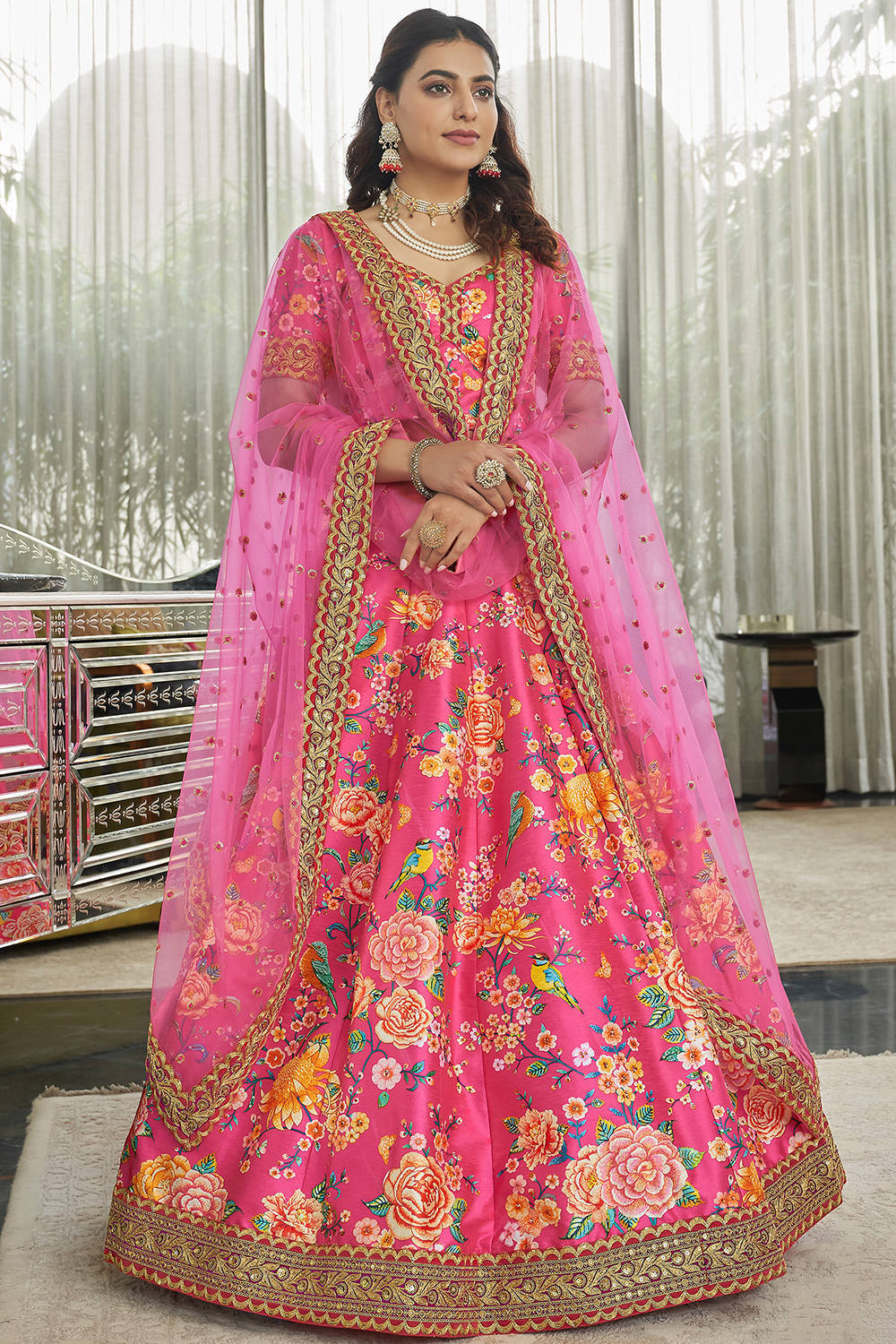 Wonderful Deep Pink Floral Printed Art Silk Lehenga Choli With Dupatta