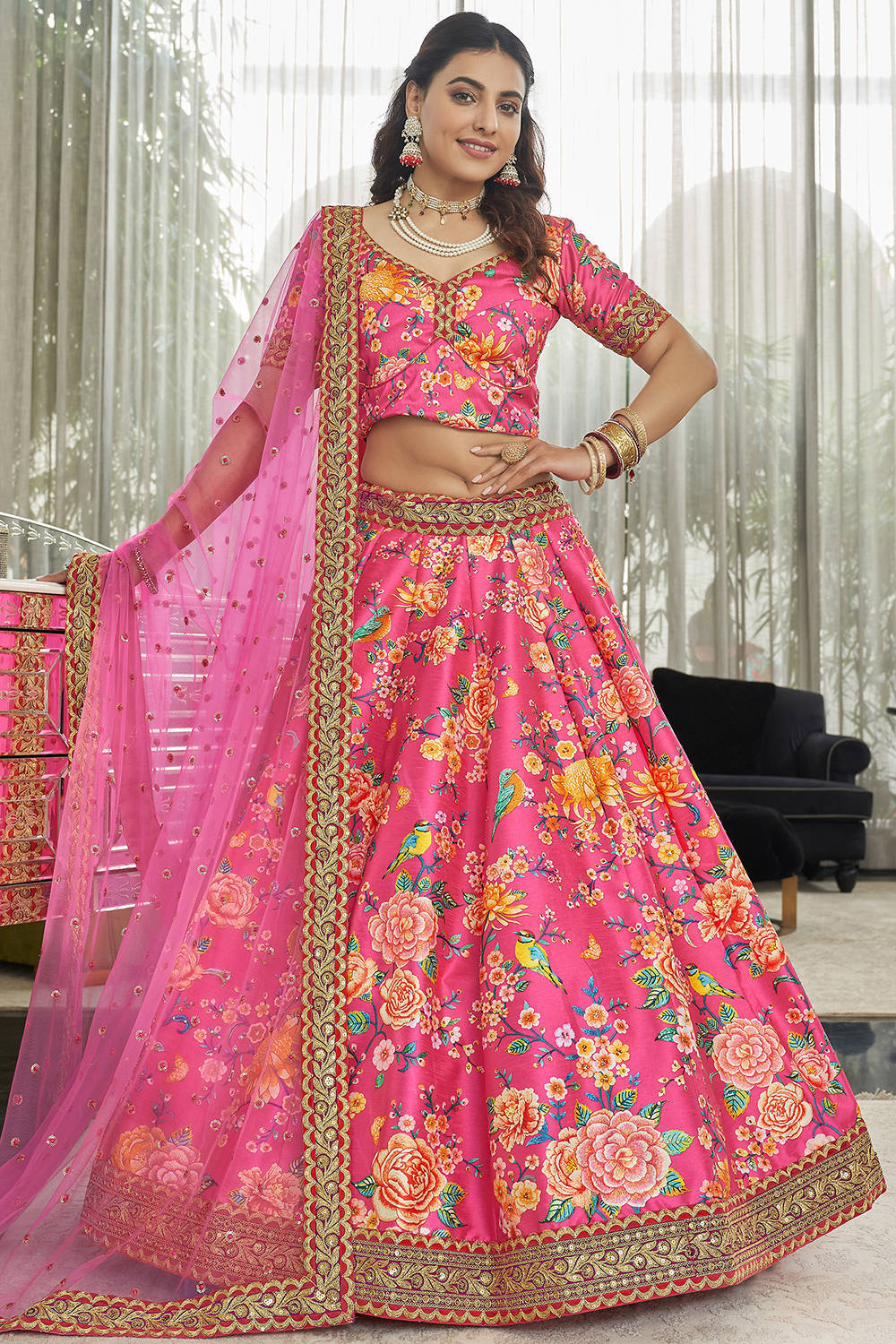 Wonderful Deep Pink Floral Printed Art Silk Lehenga Choli With Dupatta