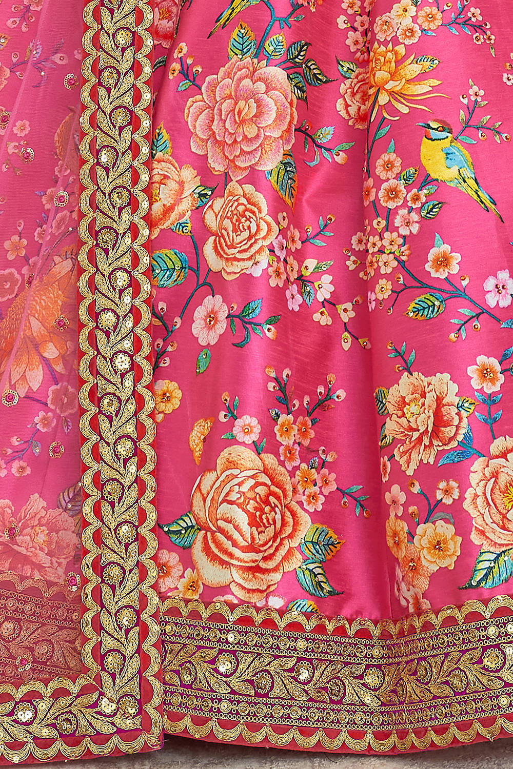 Wonderful Deep Pink Floral Printed Art Silk Lehenga Choli With Dupatta