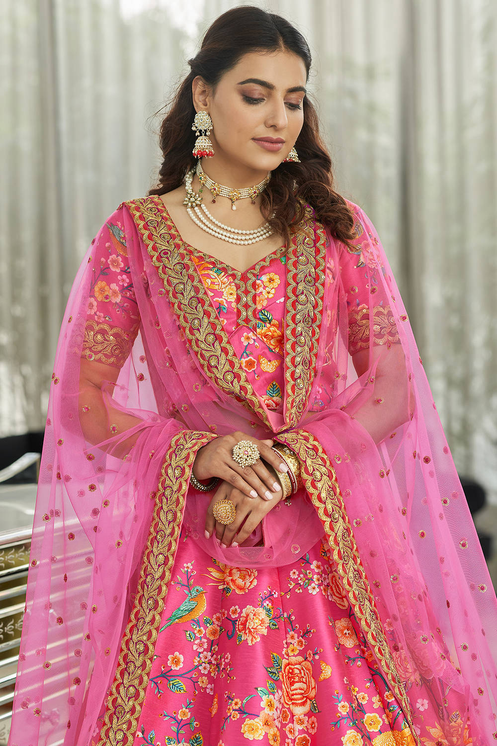 Wonderful Deep Pink Floral Printed Art Silk Lehenga Choli With Dupatta