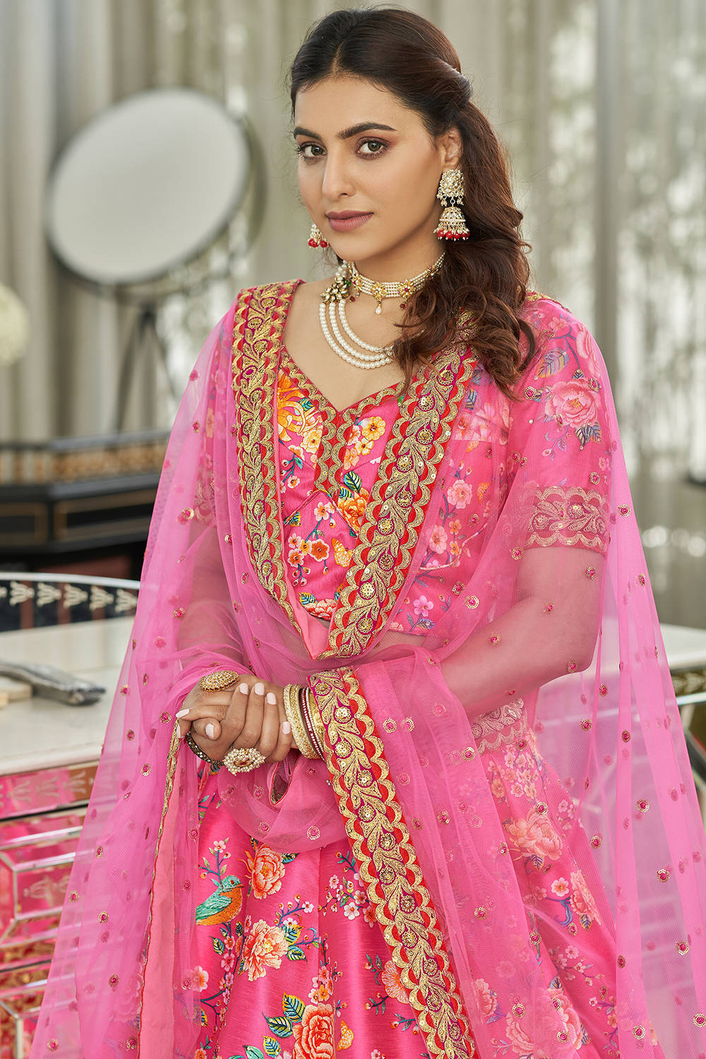 Wonderful Deep Pink Floral Printed Art Silk Lehenga Choli With Dupatta