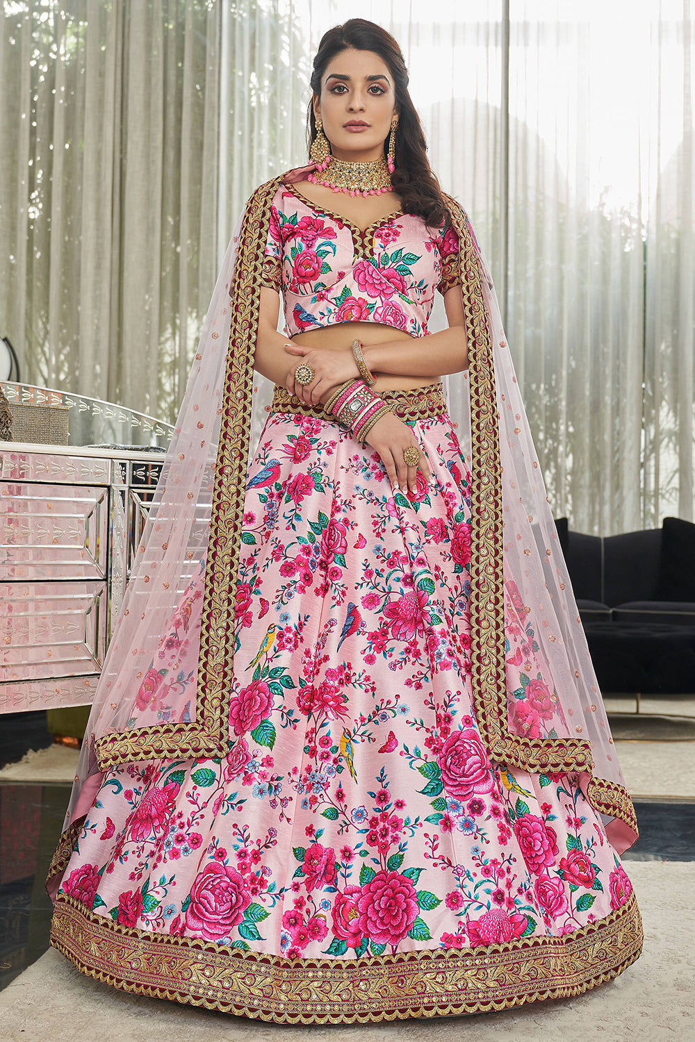Incredible Light Pink Floral Printed Art Silk Lehenga Choli With Dupatta