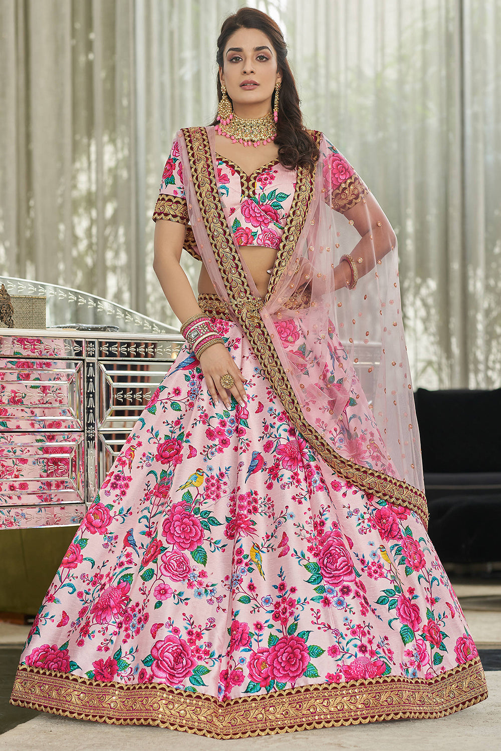 Incredible Light Pink Floral Printed Art Silk Lehenga Choli With Dupatta