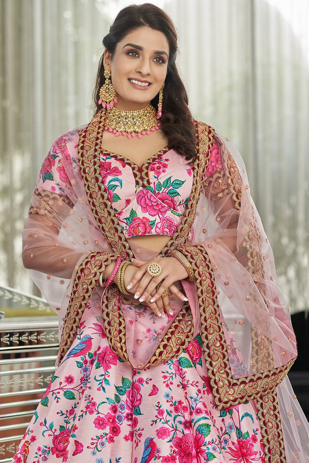 Incredible Light Pink Floral Printed Art Silk Lehenga Choli With Dupatta