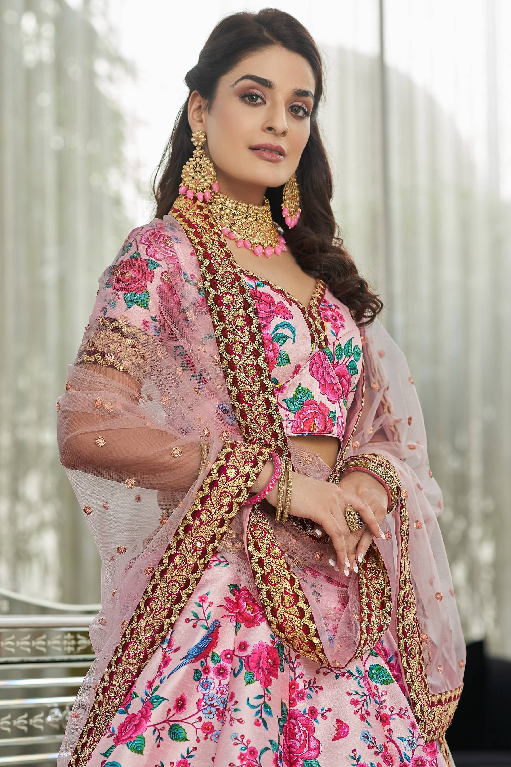 Incredible Light Pink Floral Printed Art Silk Lehenga Choli With Dupatta