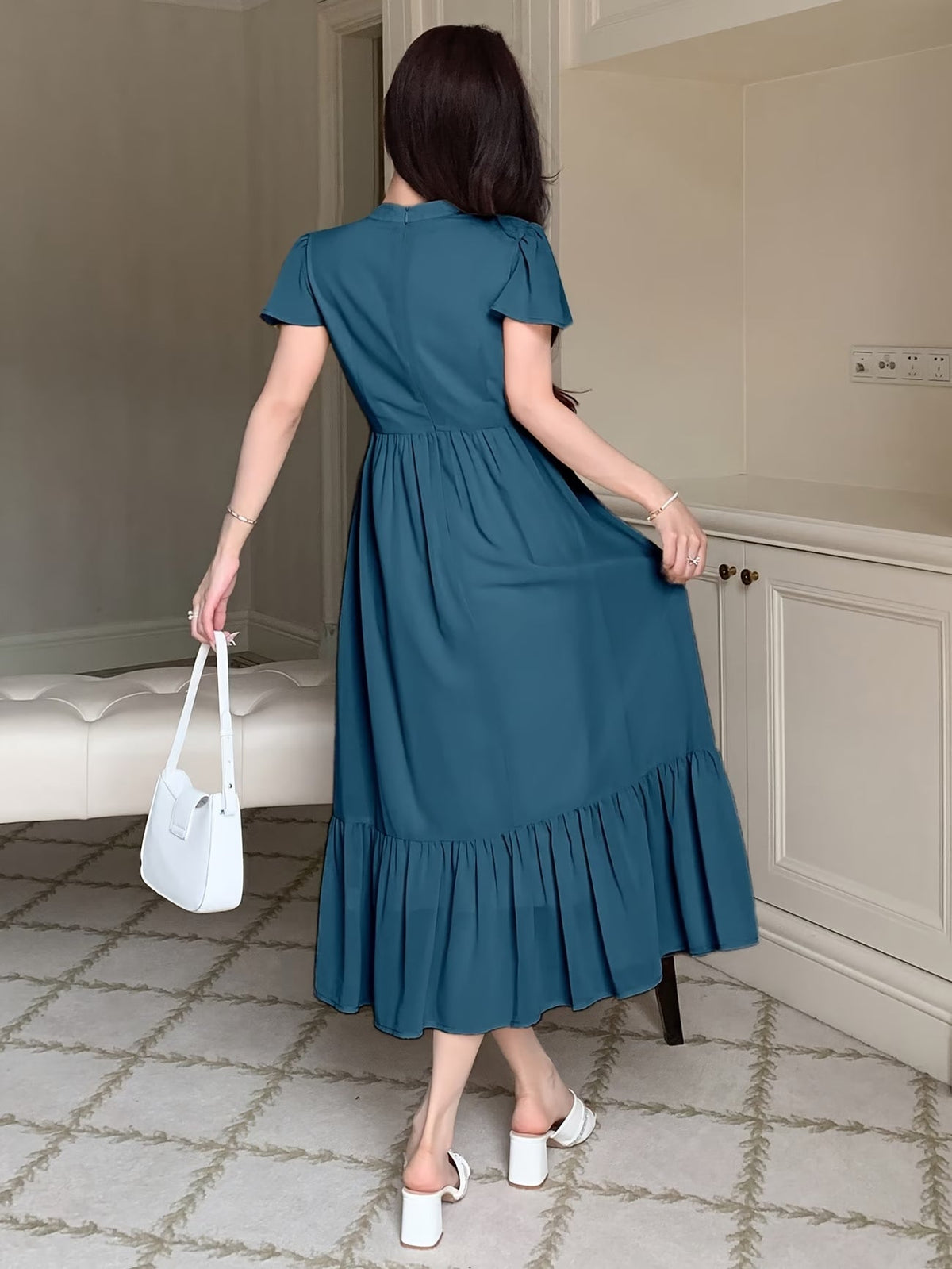 Women's Elegant Pleated Waist Ruffle Hem Maxi Dress