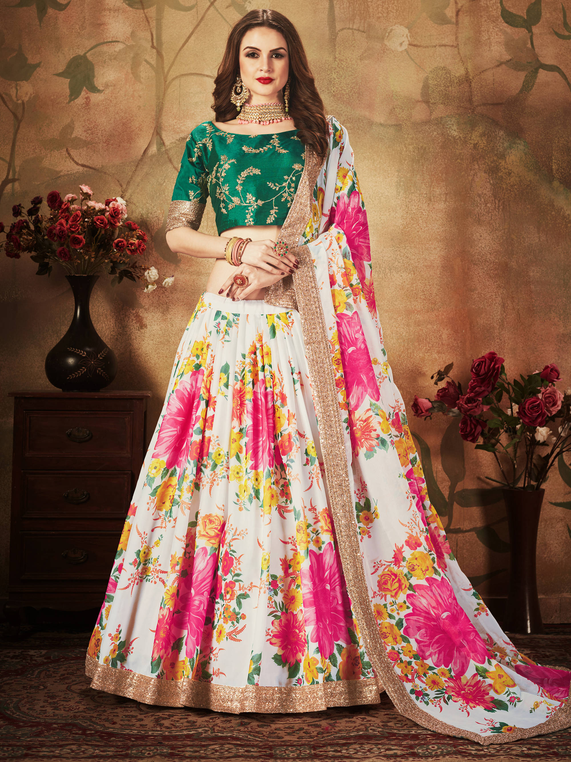 Energetic Off-White Digital Printed Organza Designer Lehenga Choli With Green Blouse