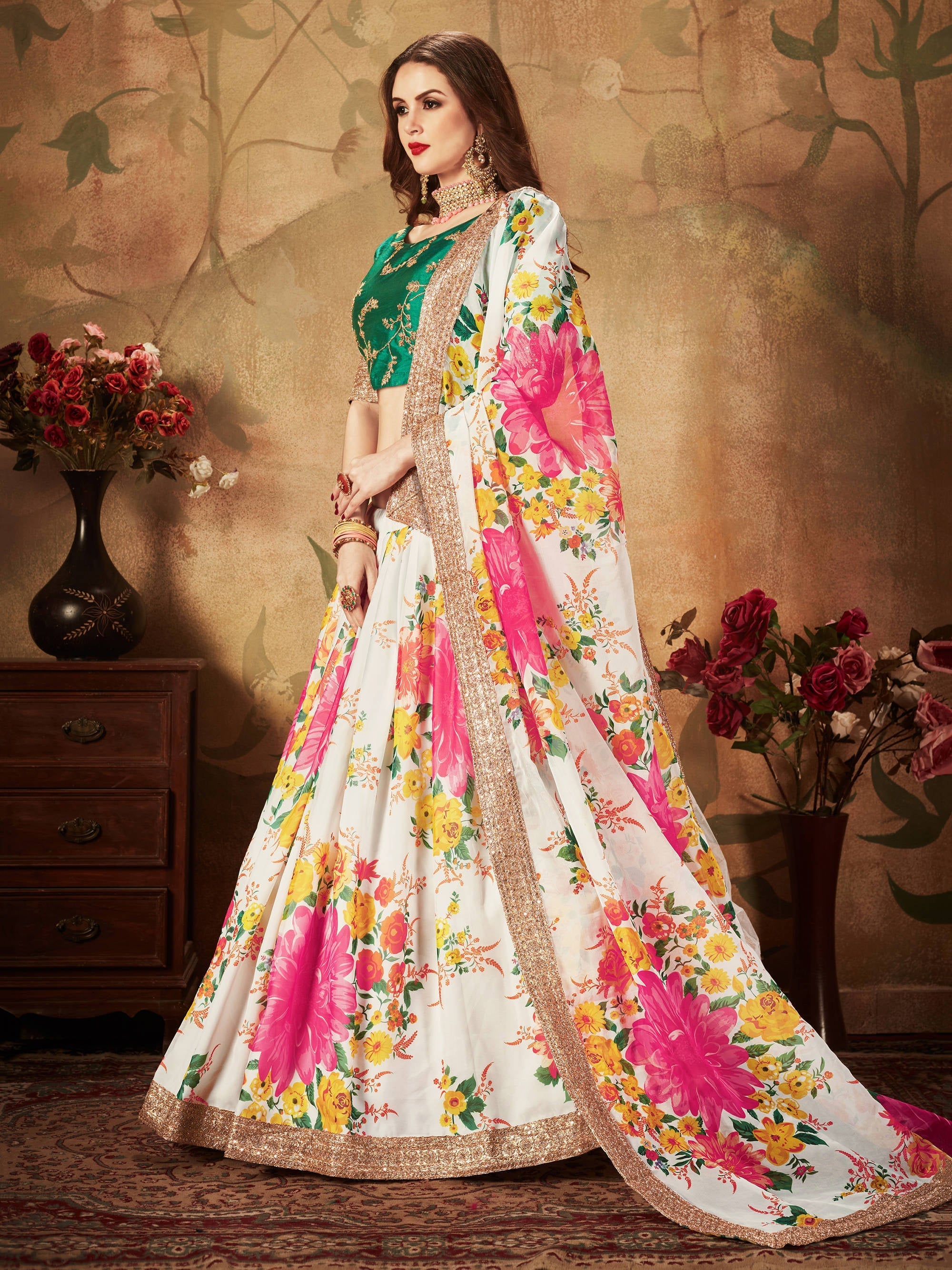 Energetic Off-White Digital Printed Organza Designer Lehenga Choli With Green Blouse
