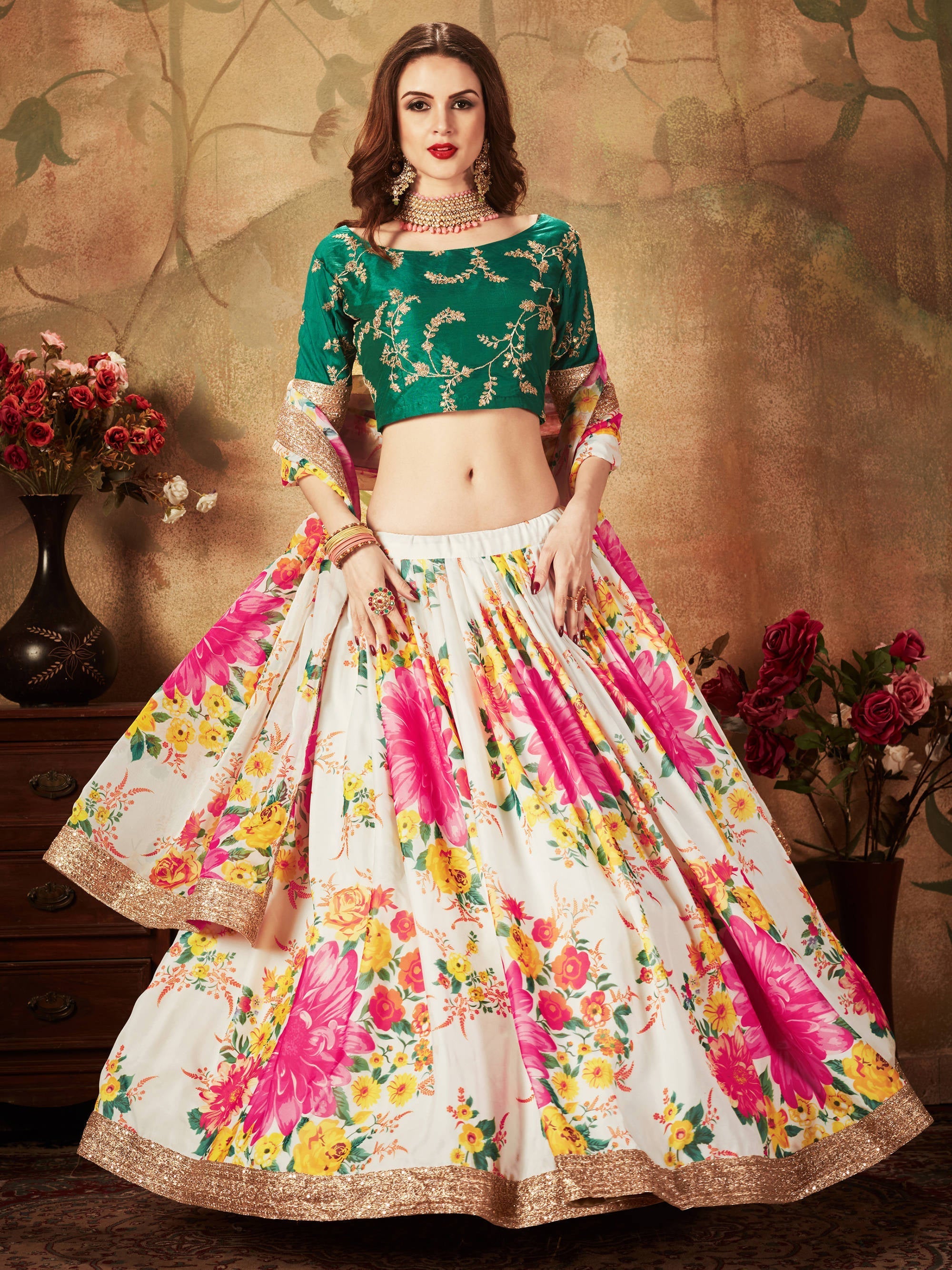 Energetic Off-White Digital Printed Organza Designer Lehenga Choli With Green Blouse