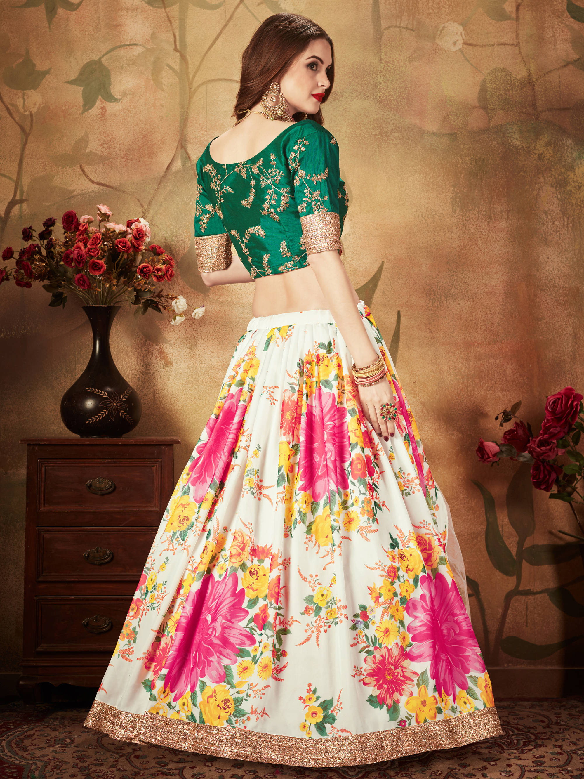 Energetic Off-White Digital Printed Organza Designer Lehenga Choli With Green Blouse