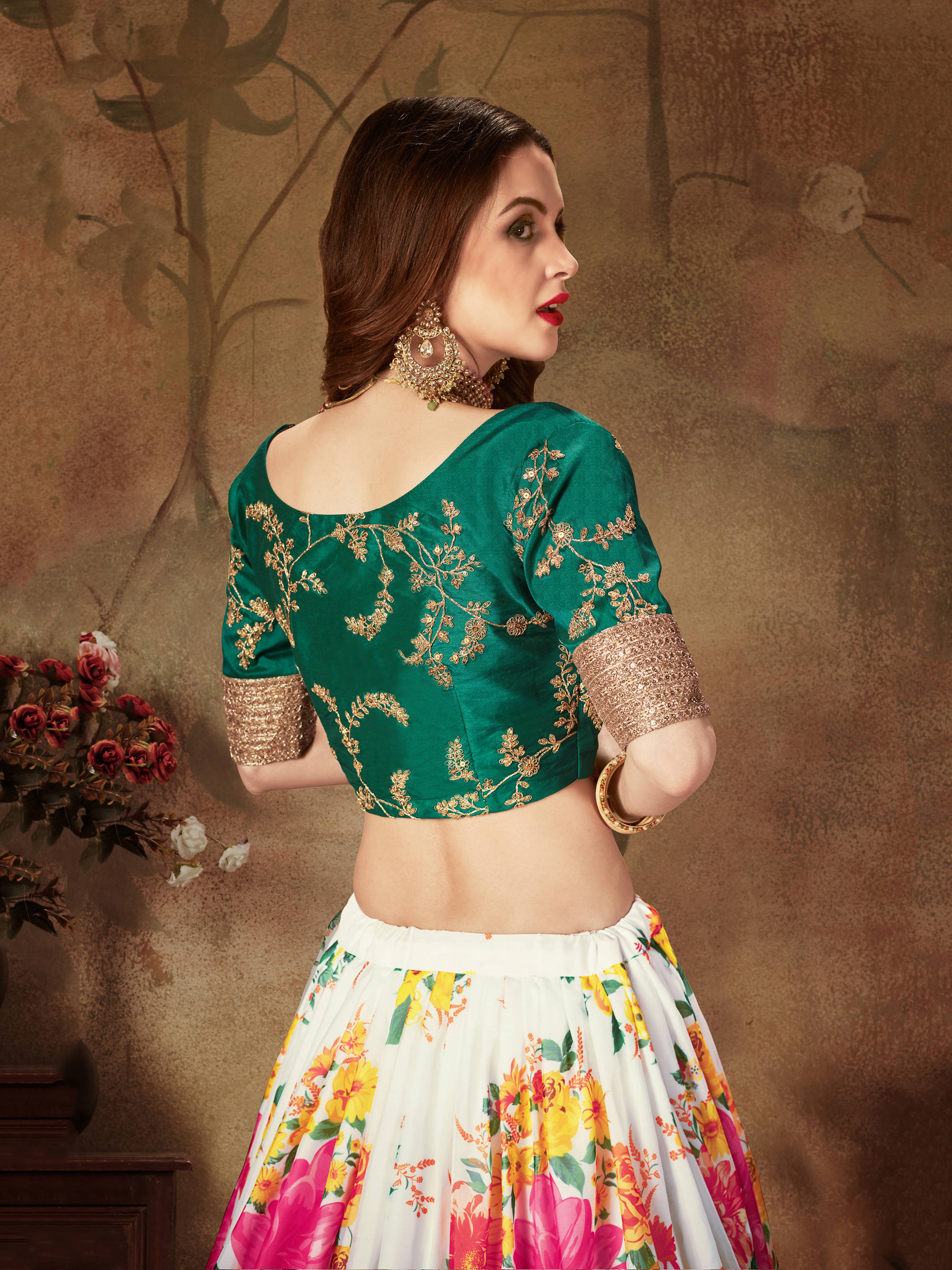 Energetic Off-White Digital Printed Organza Designer Lehenga Choli With Green Blouse