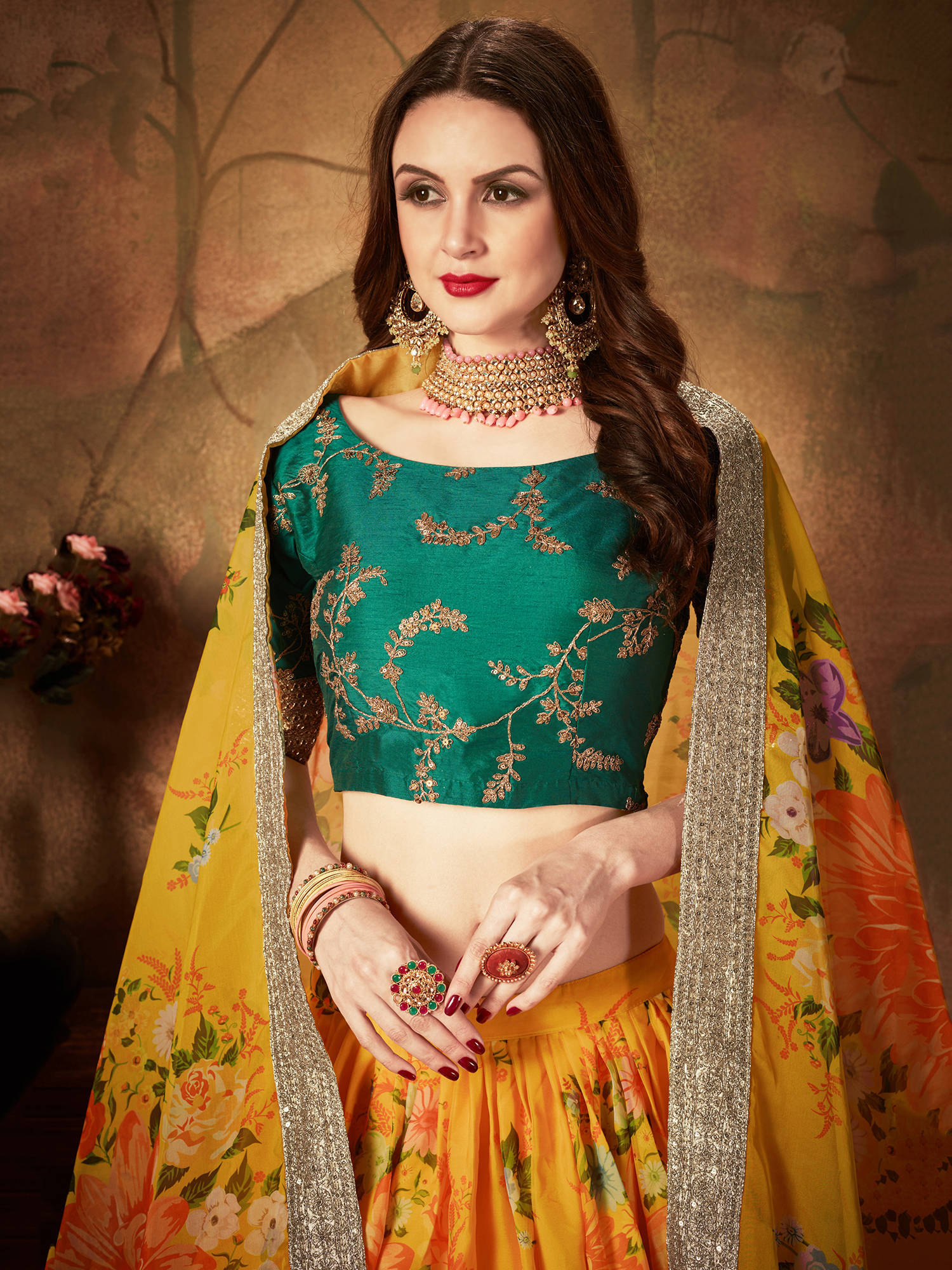 Yellow-Green Floral Digital Printed Organza Bridal Lehenga Choli