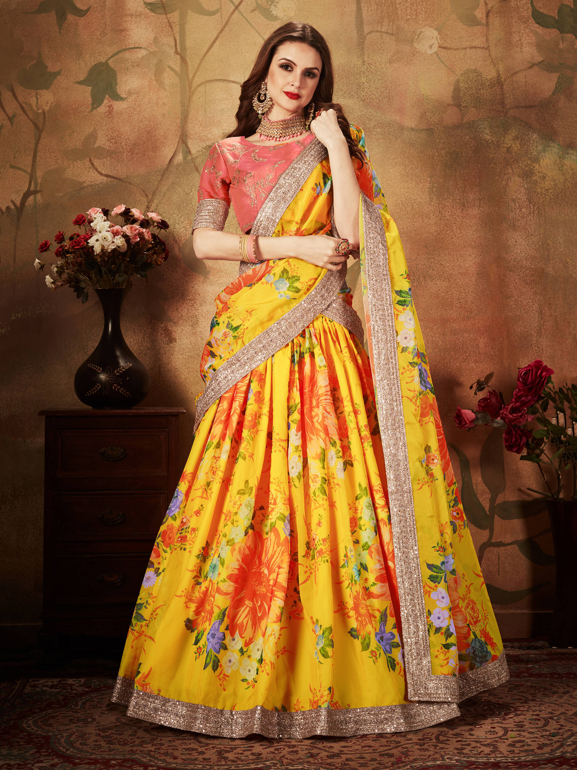 Adorning Yellow Digital Printed Organza Silk Wedding Lehenga Choli With Orange Blouse