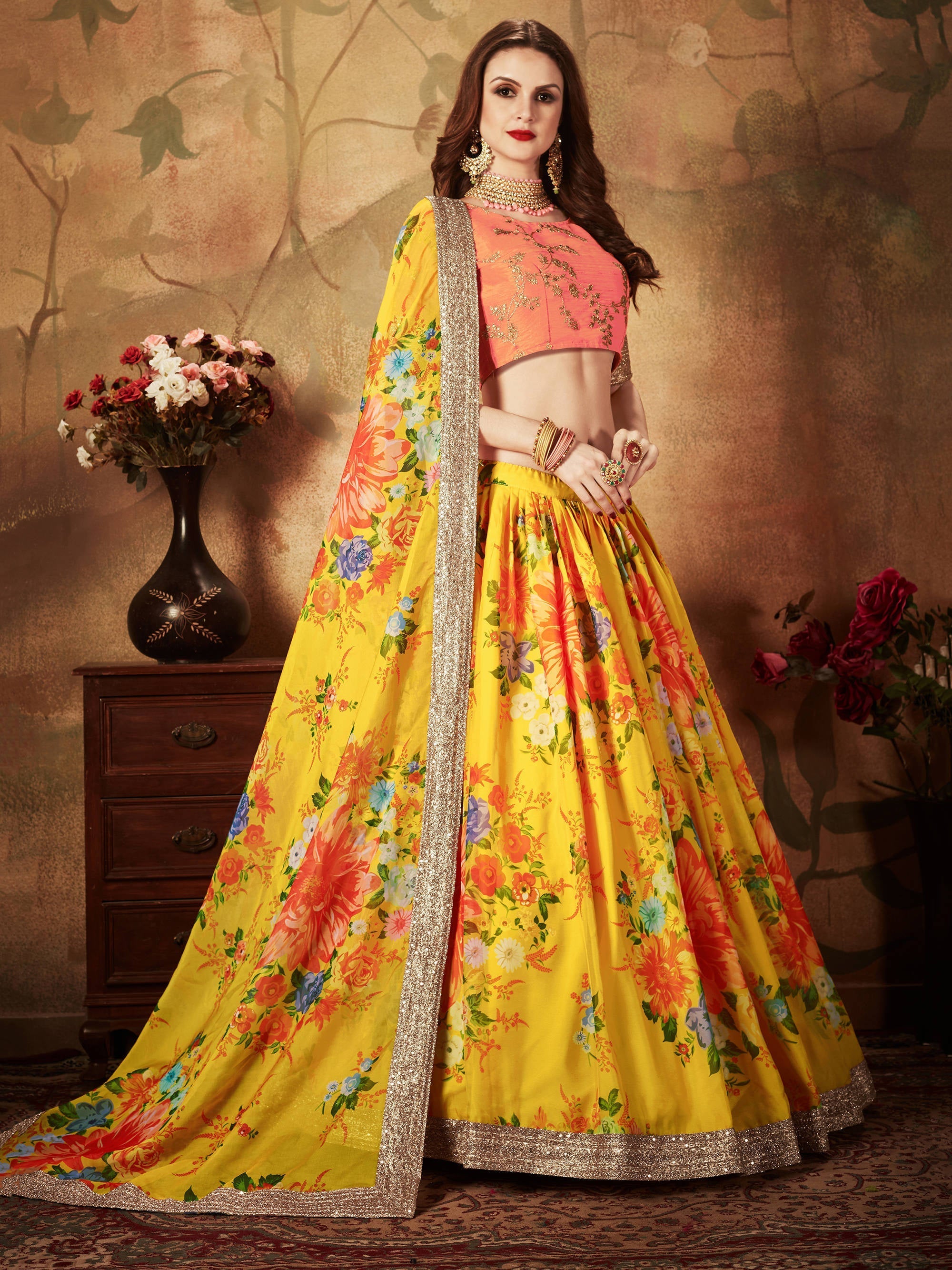 Adorning Yellow Digital Printed Organza Silk Wedding Lehenga Choli With Orange Blouse