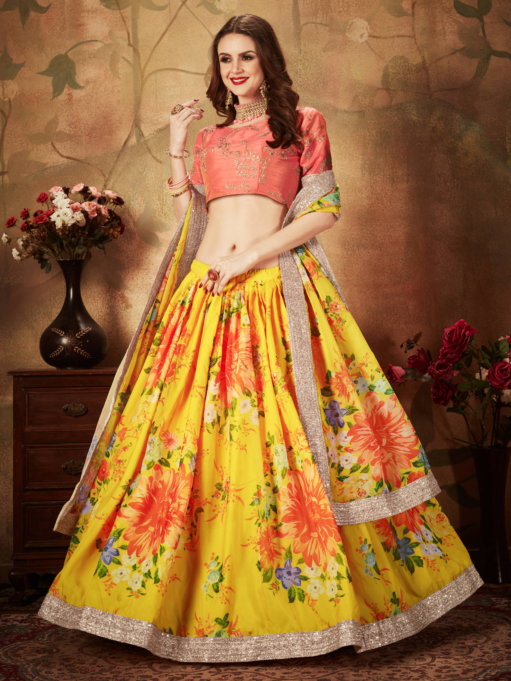 Adorning Yellow Digital Printed Organza Silk Wedding Lehenga Choli With Orange Blouse