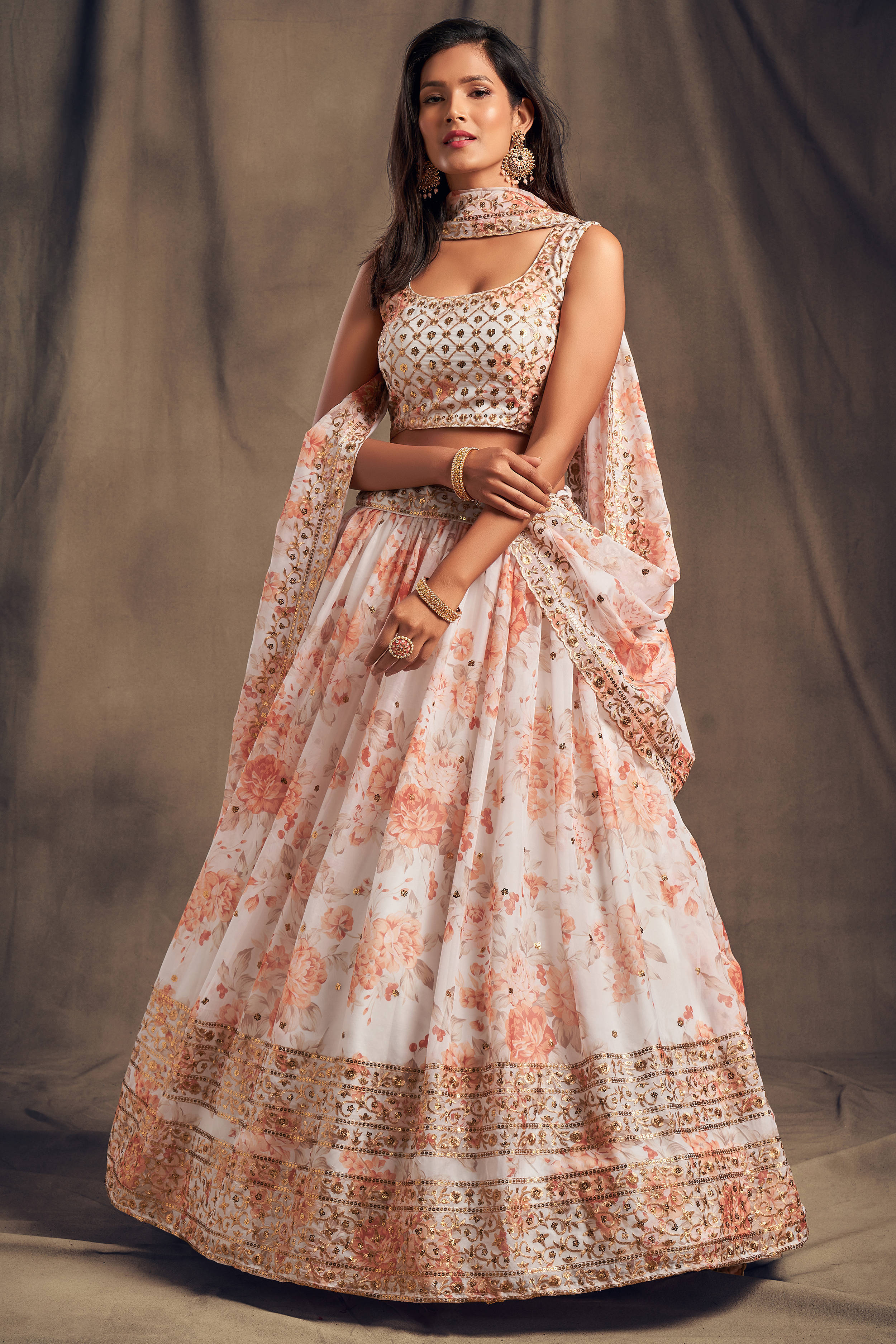 Beautiful White & Orange Zari Embroidery Organza Occasional Wear Lehenga Choli