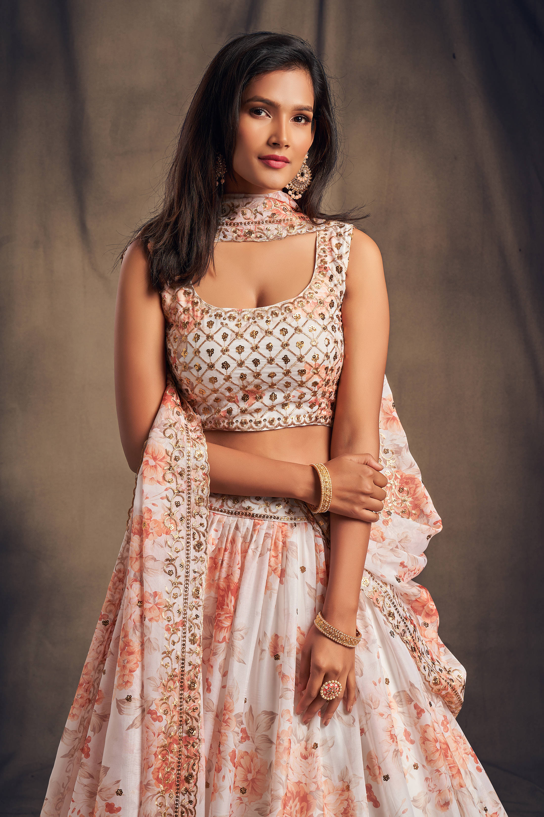 Beautiful White & Orange Zari Embroidery Organza Occasional Wear Lehenga Choli