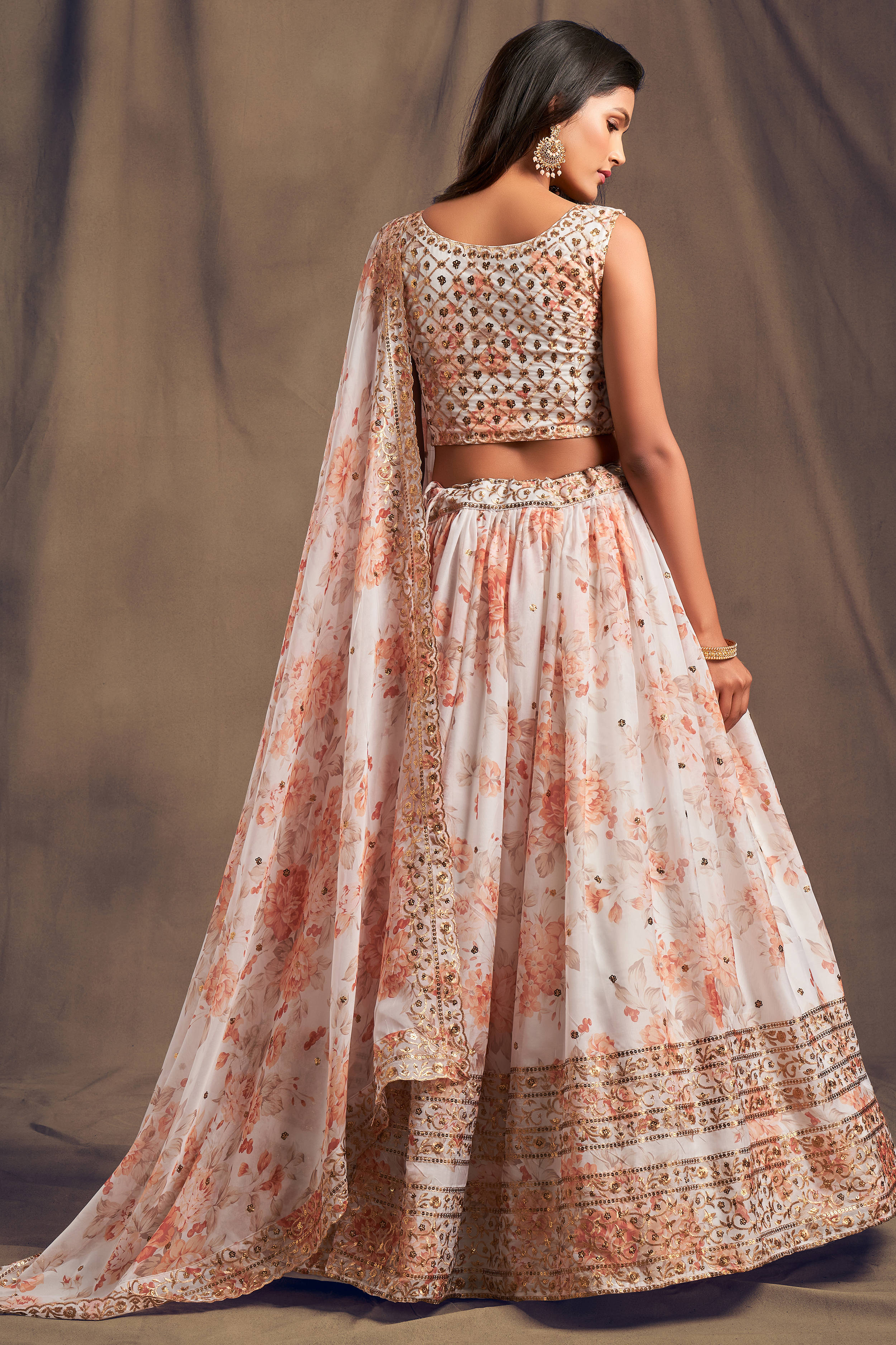 Beautiful White & Orange Zari Embroidery Organza Occasional Wear Lehenga Choli