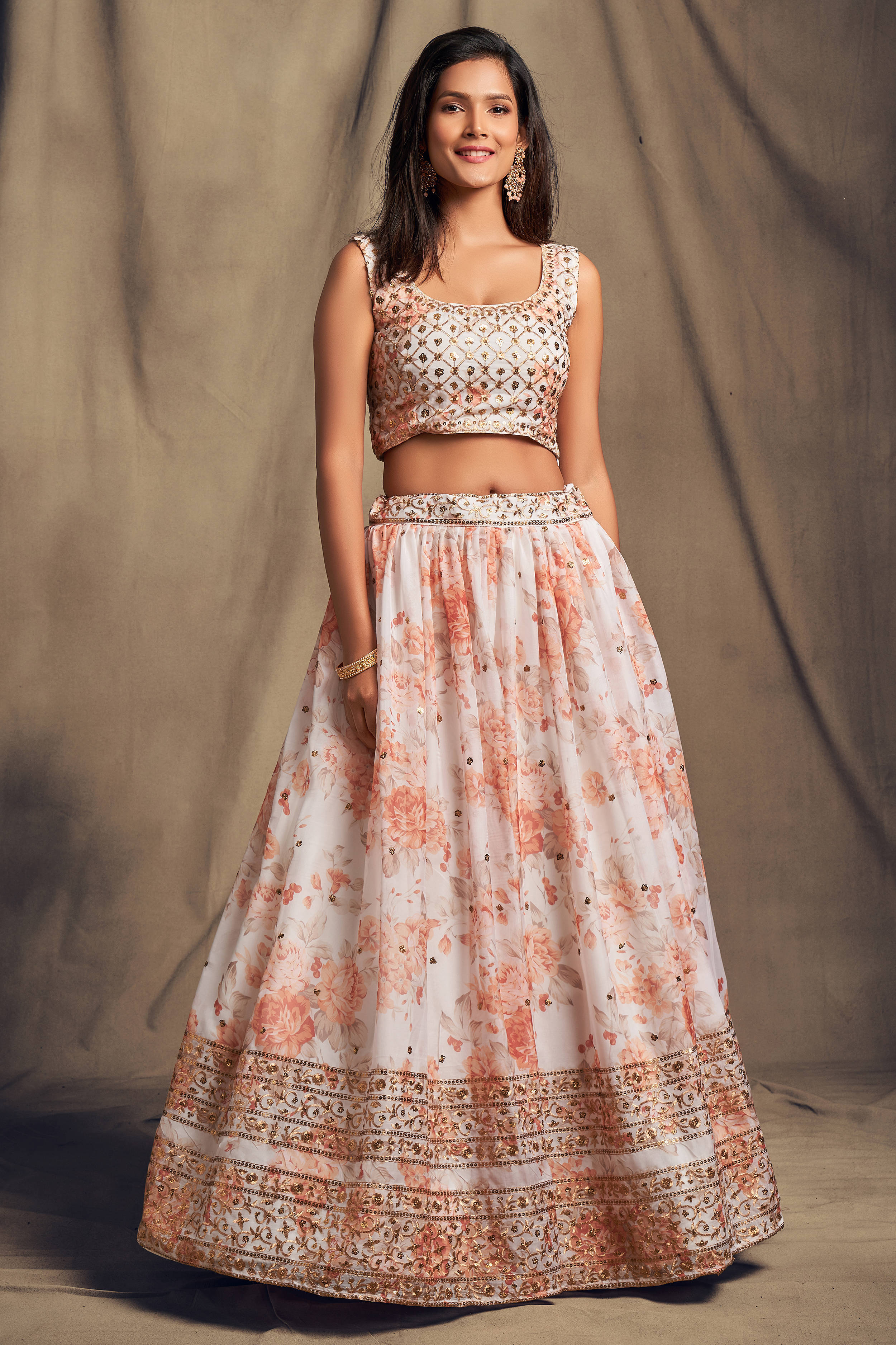 Beautiful White & Orange Zari Embroidery Organza Occasional Wear Lehenga Choli