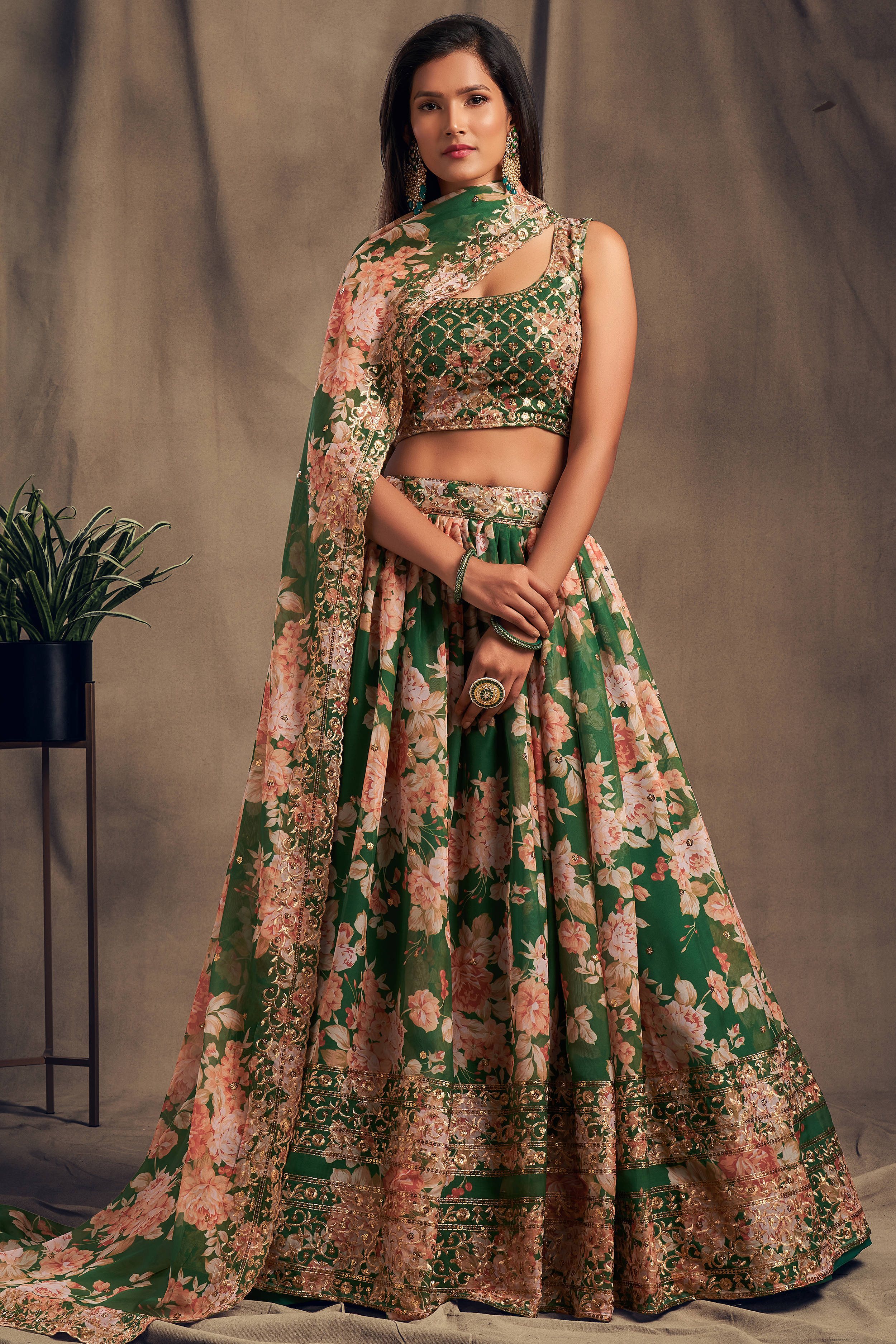 Effecting Green Zari Embroidery Organza Occasional Wear Lehenga Choli