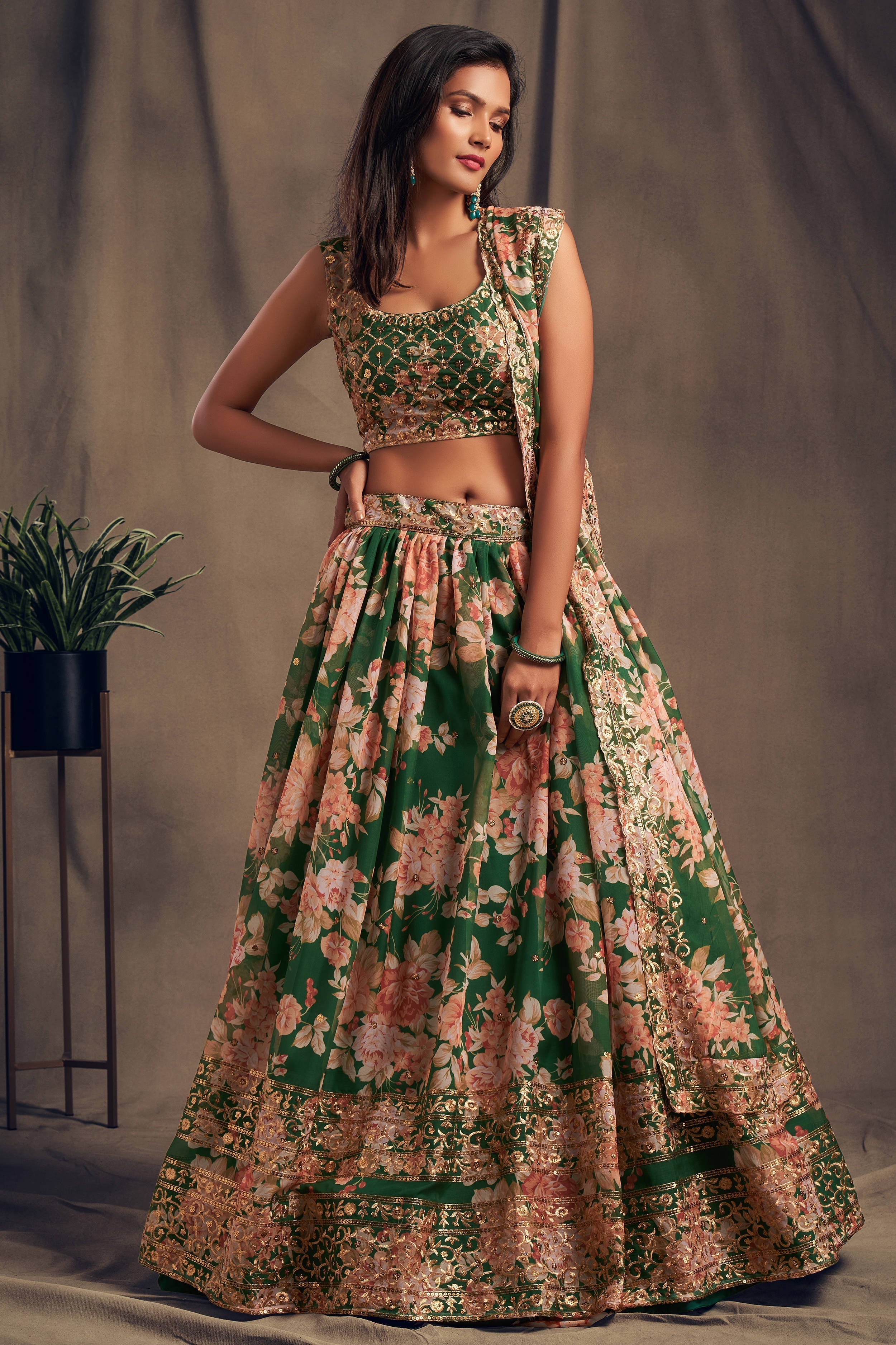 Effecting Green Zari Embroidery Organza Occasional Wear Lehenga Choli