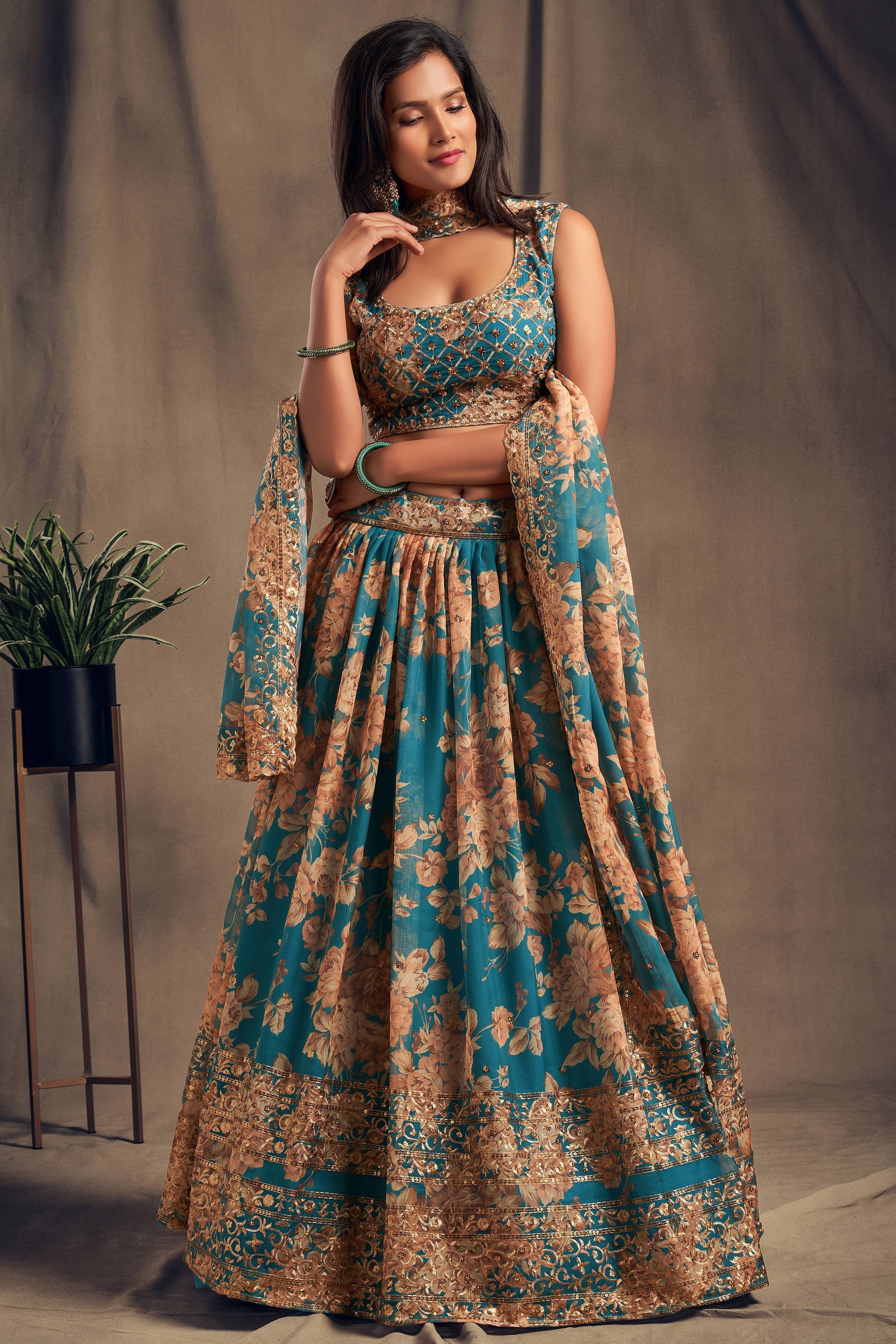 Accomplishing Teal Blue Zari Embroidery Organza Occasional Wear Lehenga Choli