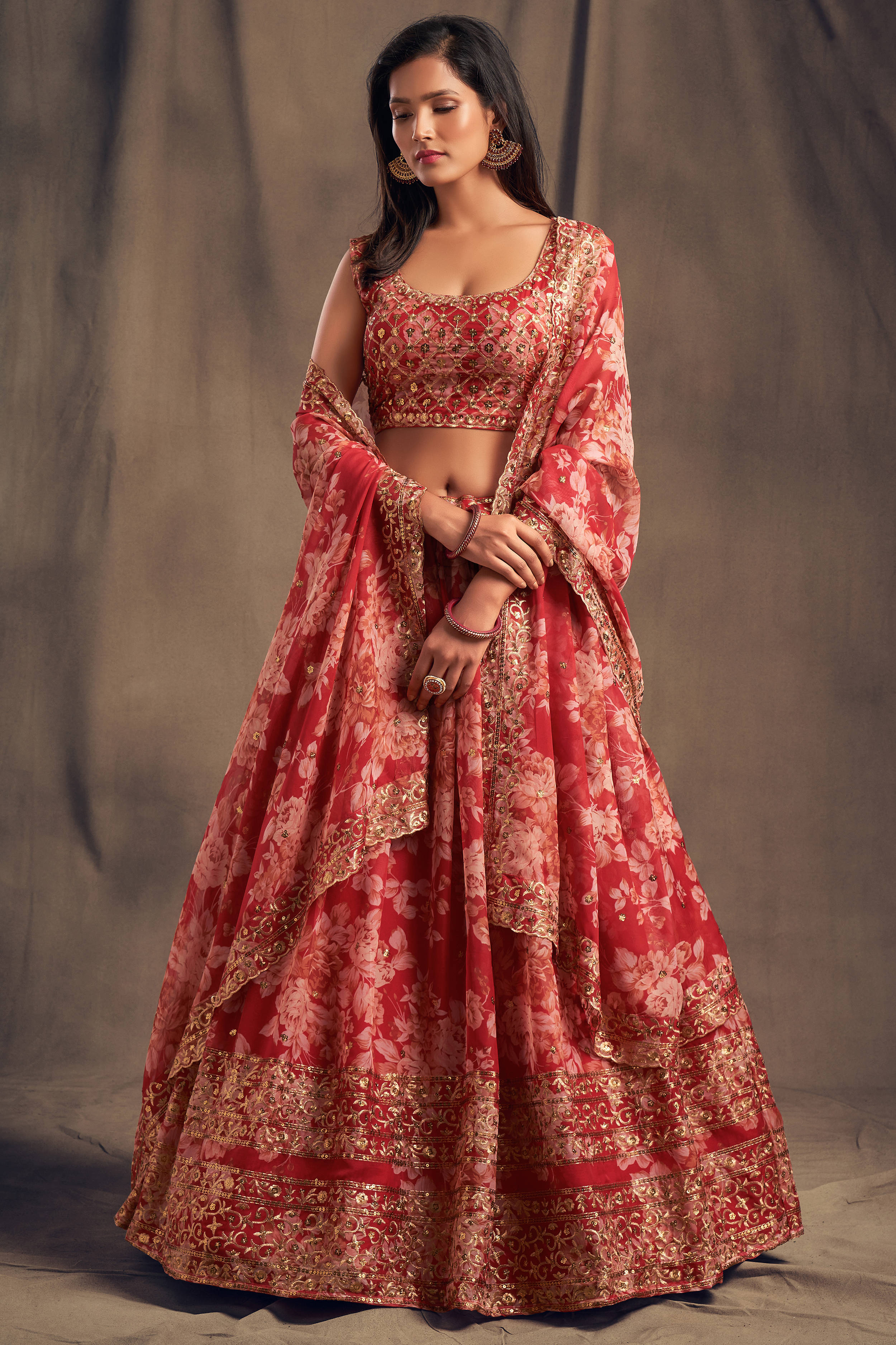 Offering Red Zari Embroidery Organza Occasional Wear Lehenga Choli