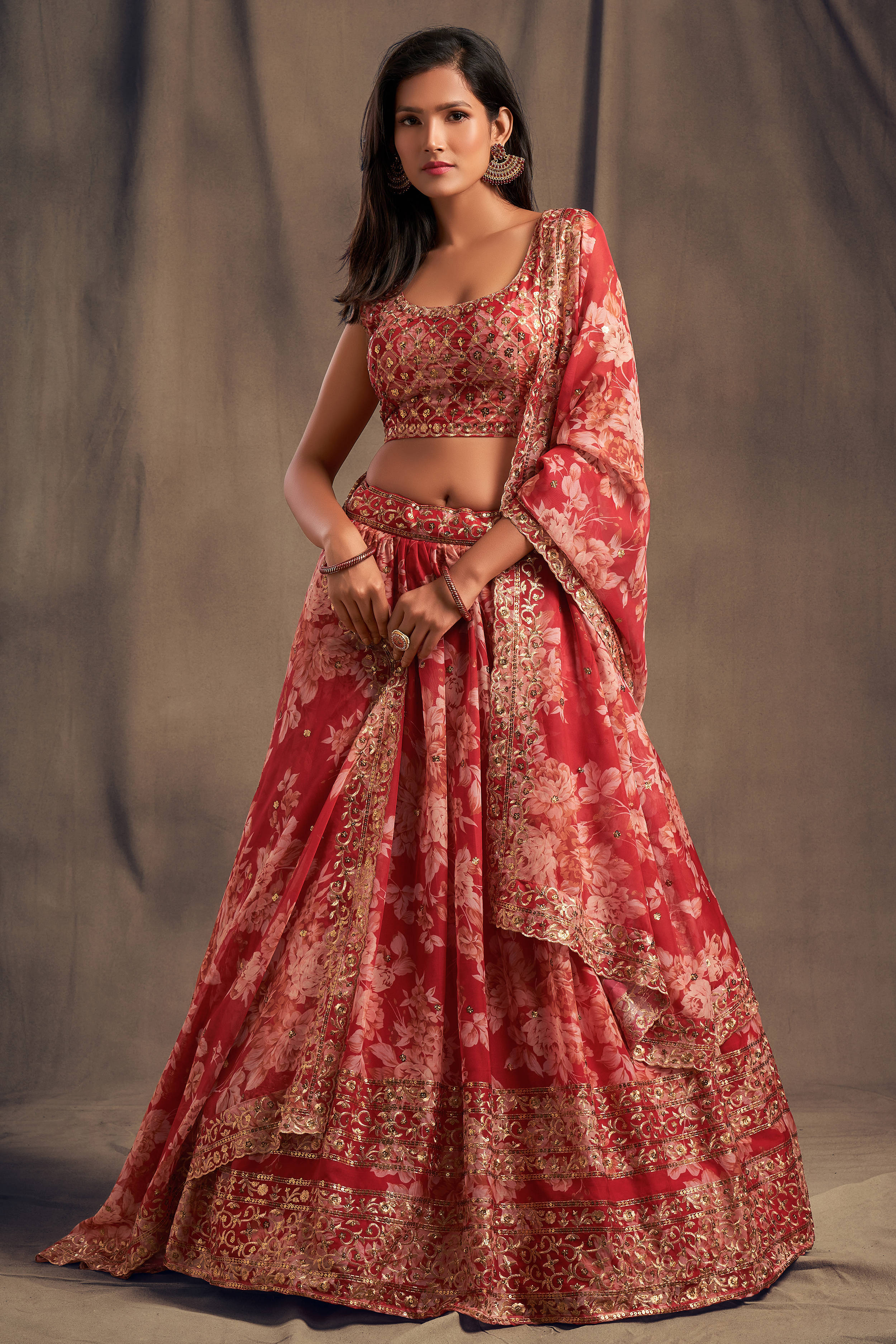 Offering Red Zari Embroidery Organza Occasional Wear Lehenga Choli