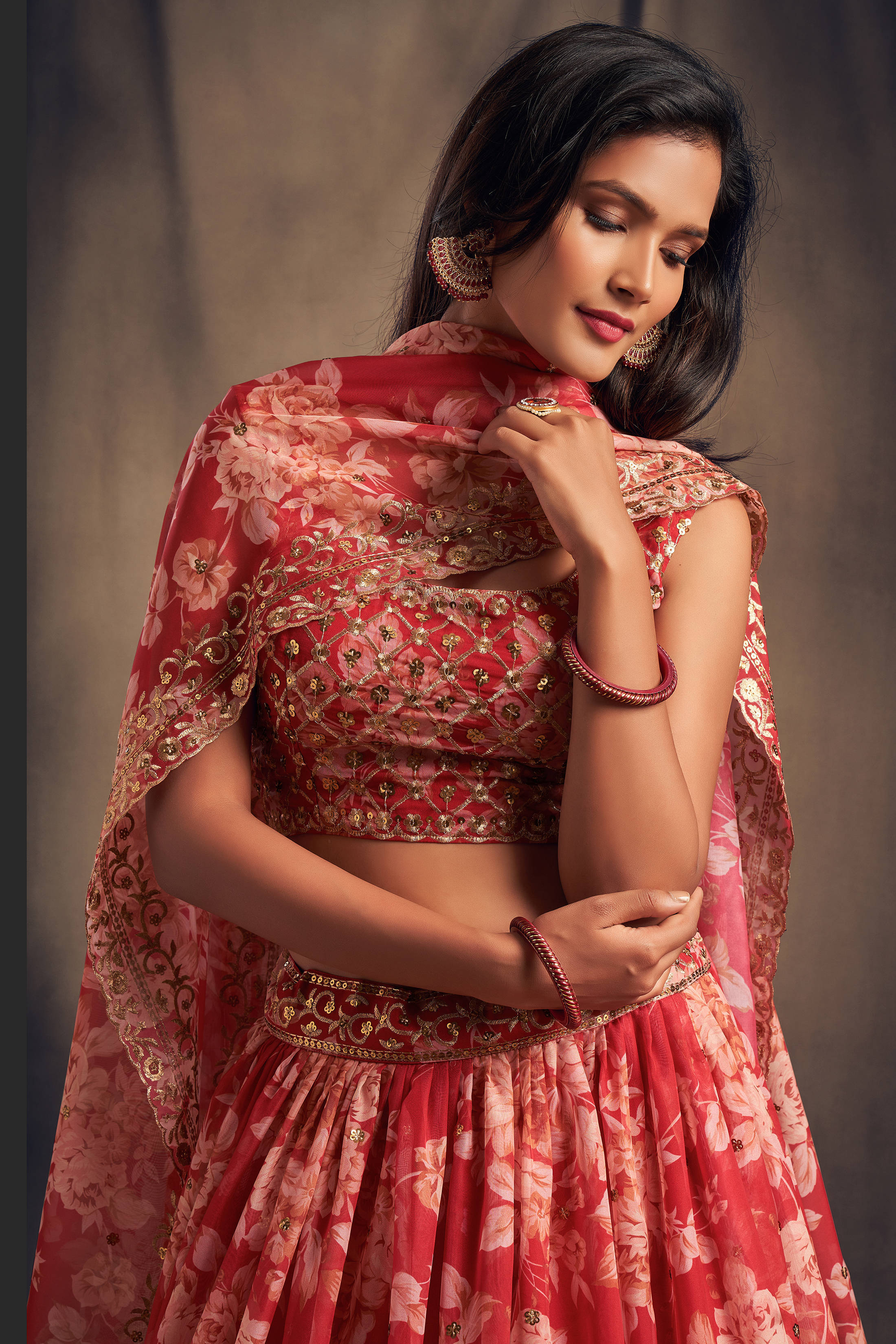 Offering Red Zari Embroidery Organza Occasional Wear Lehenga Choli