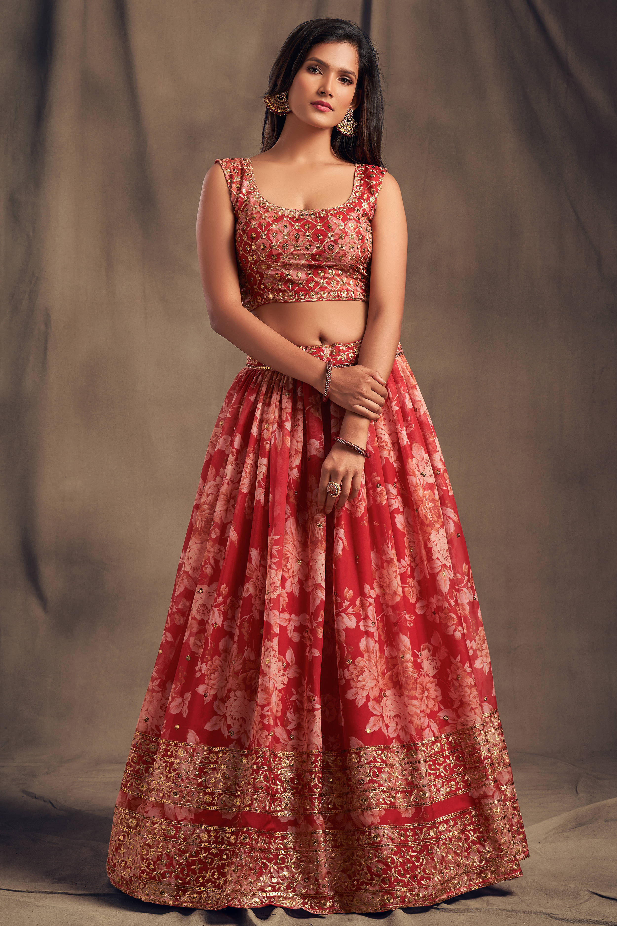 Offering Red Zari Embroidery Organza Occasional Wear Lehenga Choli