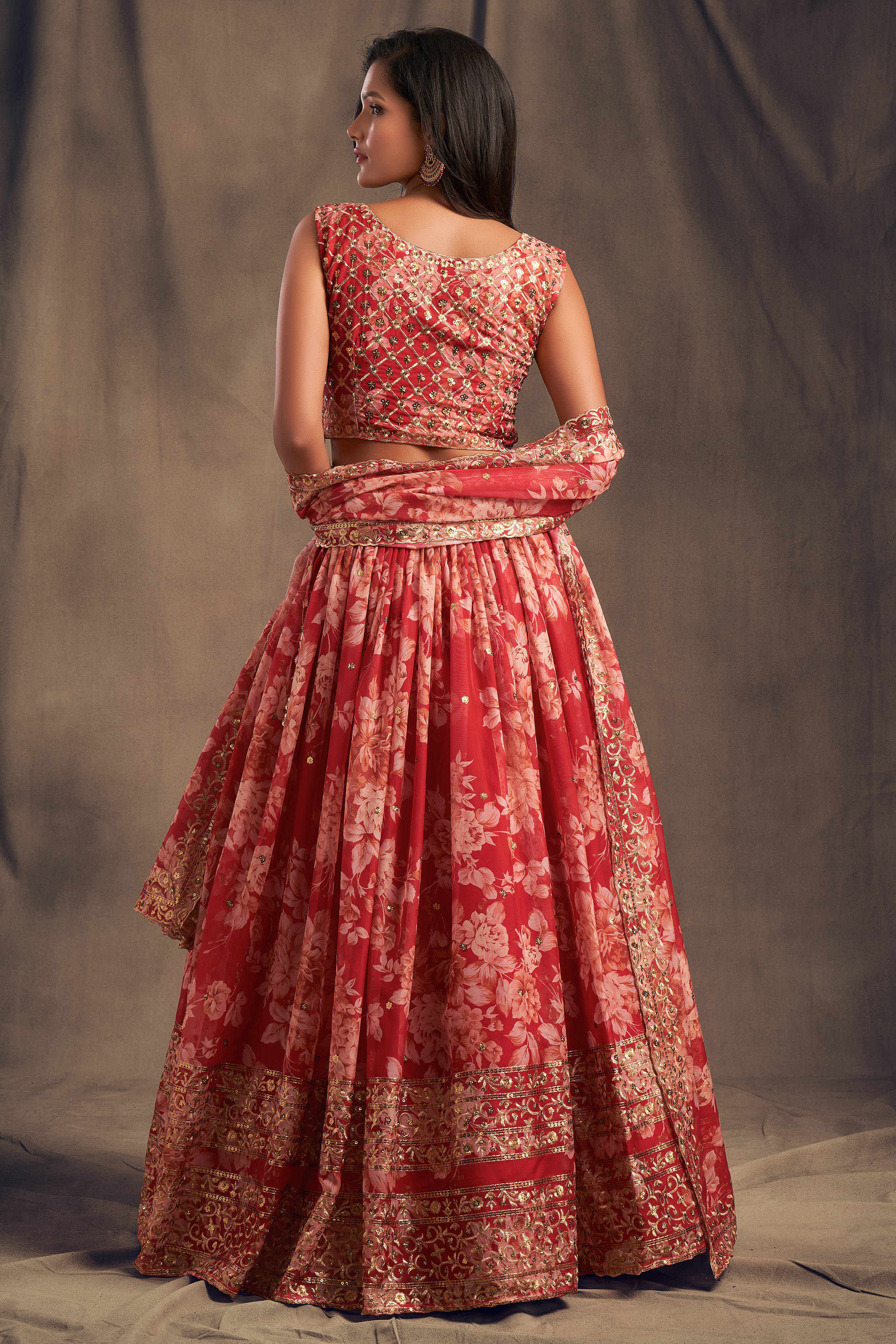 Offering Red Zari Embroidery Organza Occasional Wear Lehenga Choli