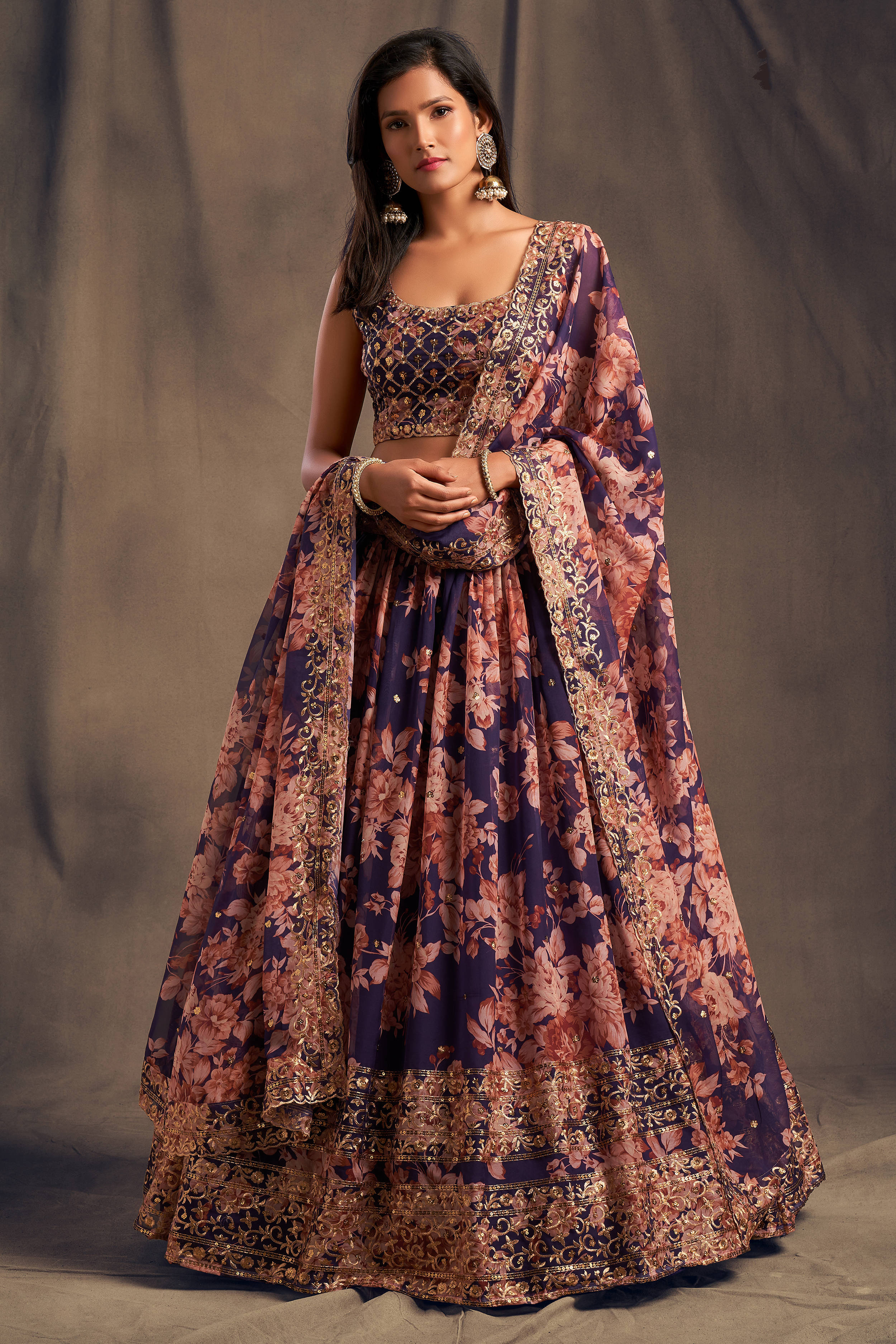 Extending Purple Zari Embroidery Organza Occasional Wear Lehenga Choli