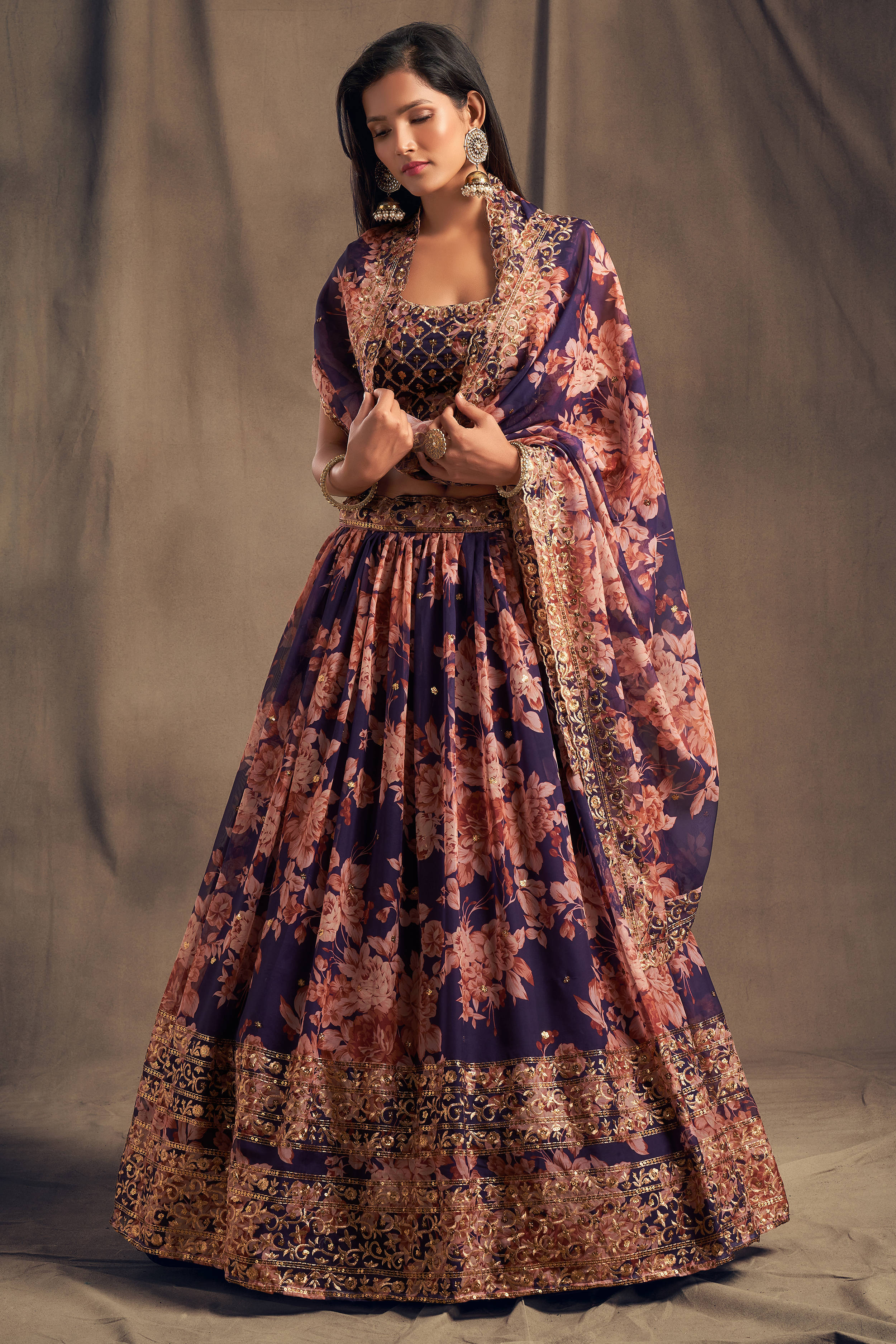 Extending Purple Zari Embroidery Organza Occasional Wear Lehenga Choli