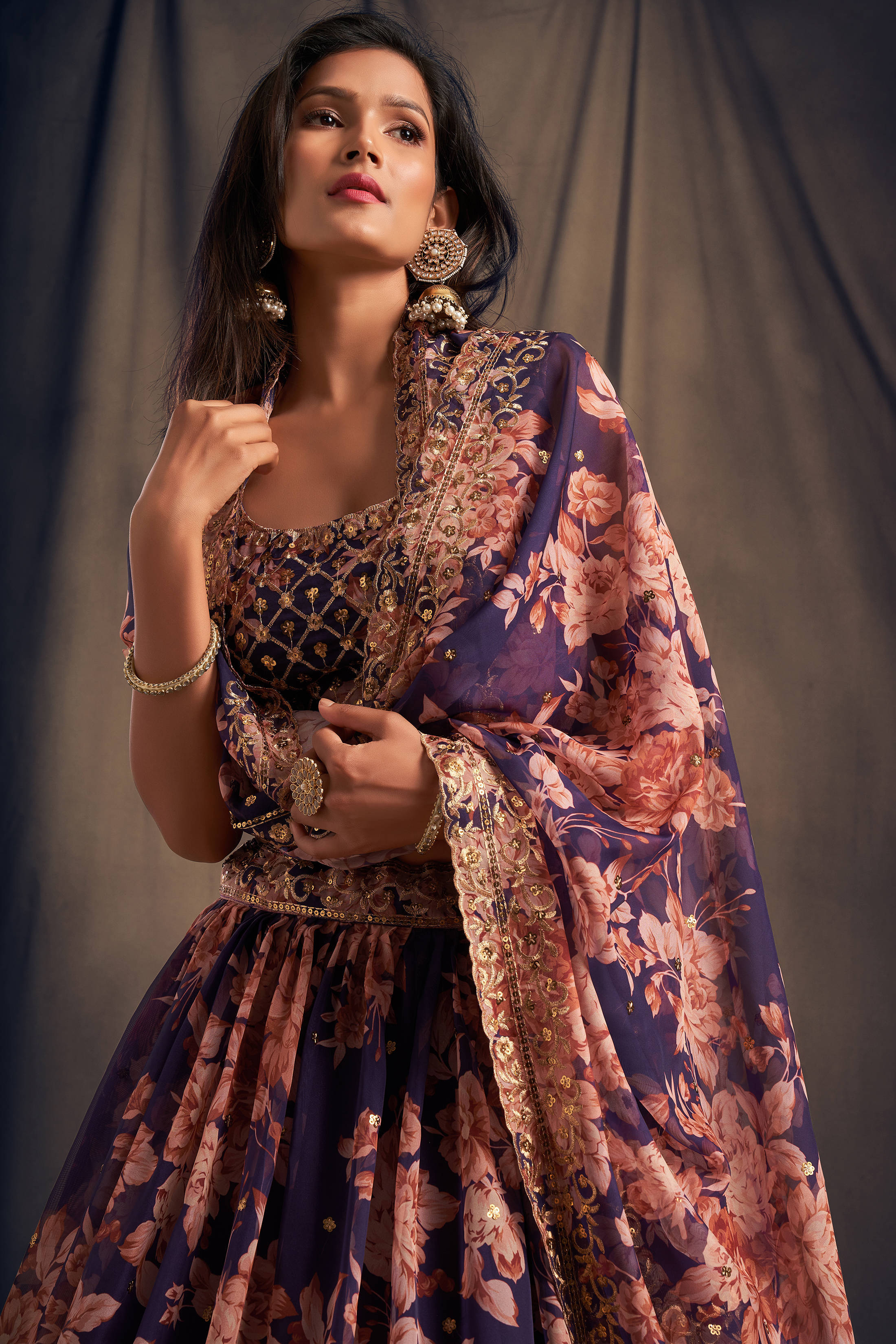 Extending Purple Zari Embroidery Organza Occasional Wear Lehenga Choli