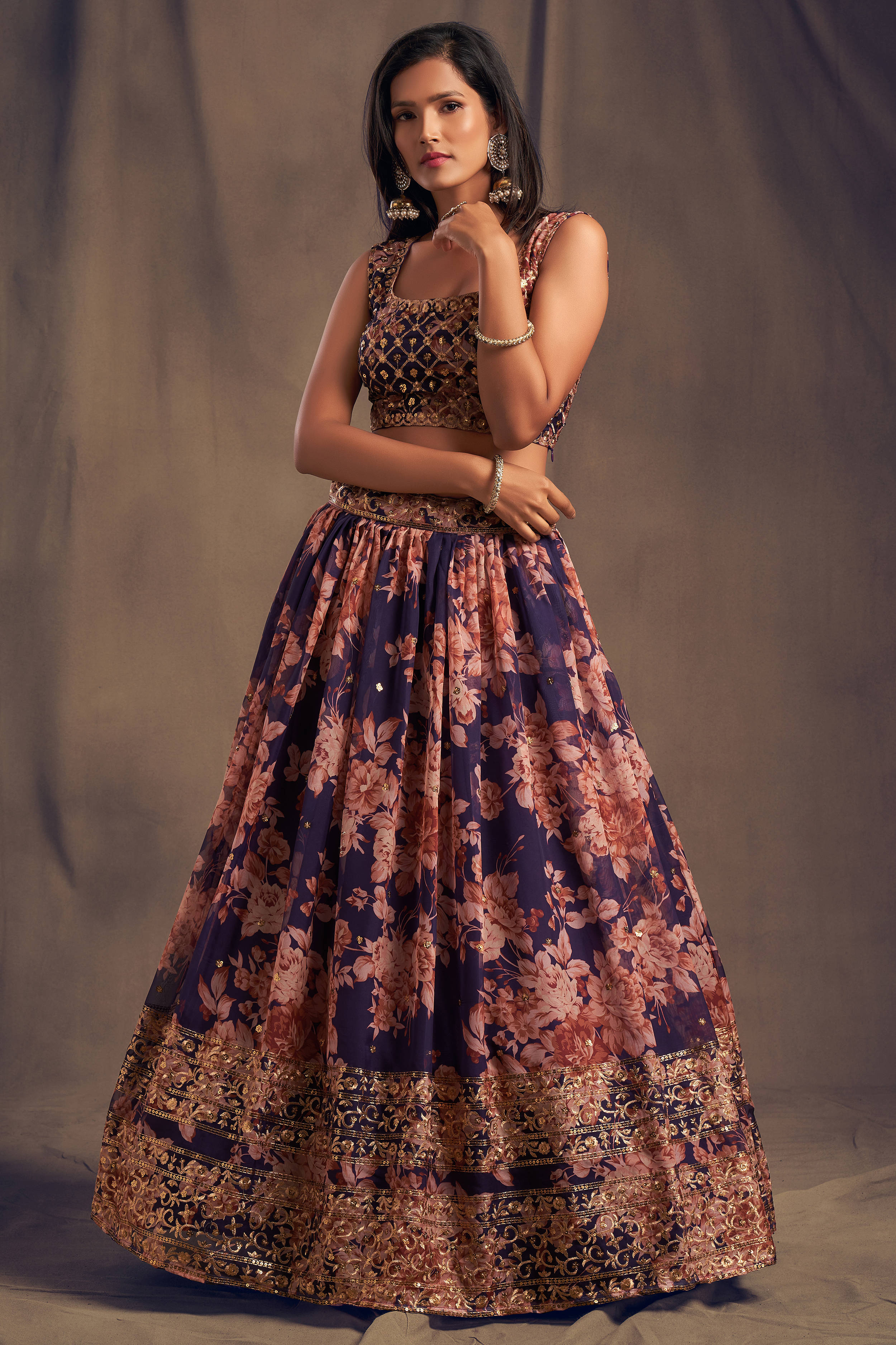 Extending Purple Zari Embroidery Organza Occasional Wear Lehenga Choli