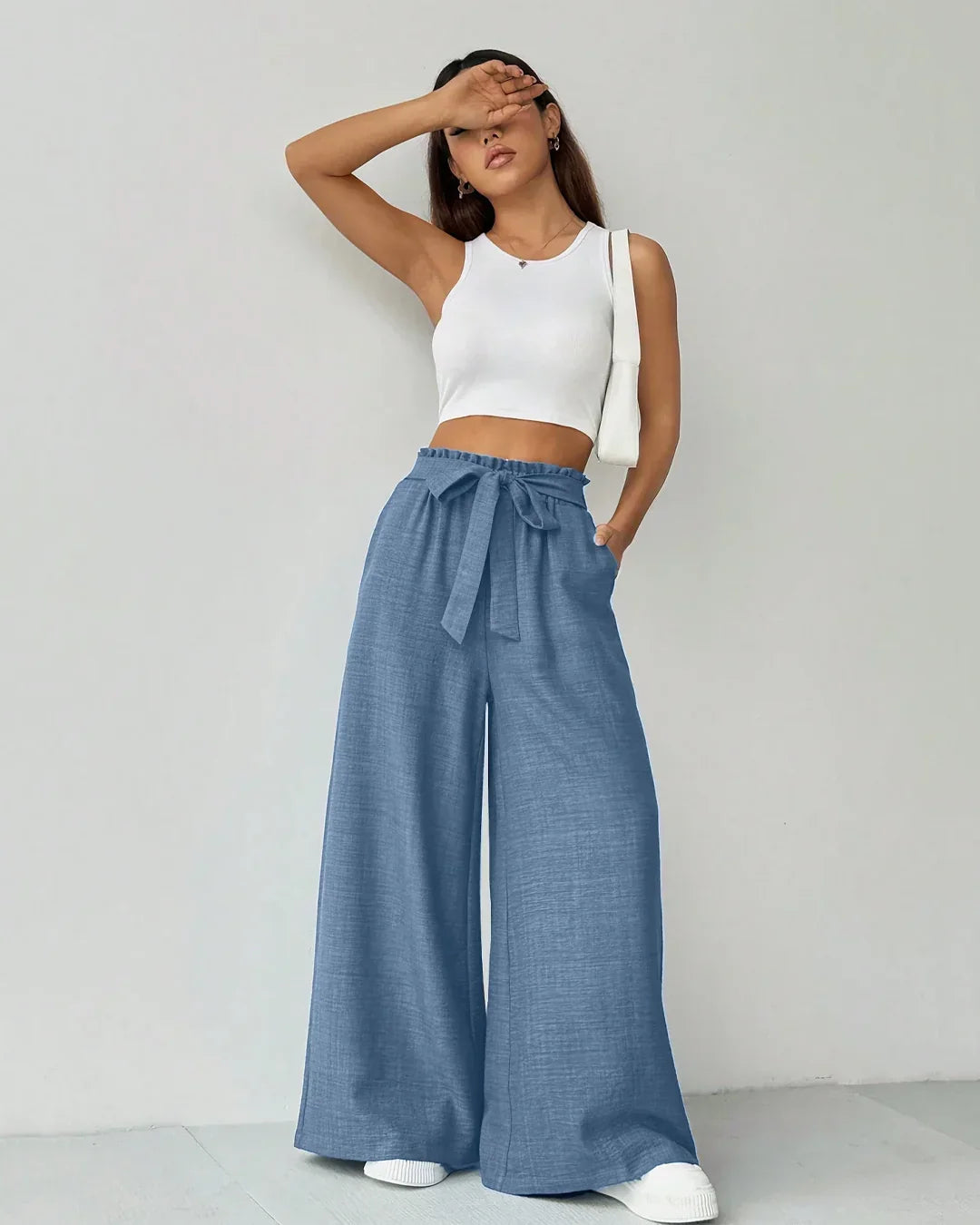 High Waist Wide Leg Trousers with Waist Tie in French  Blue