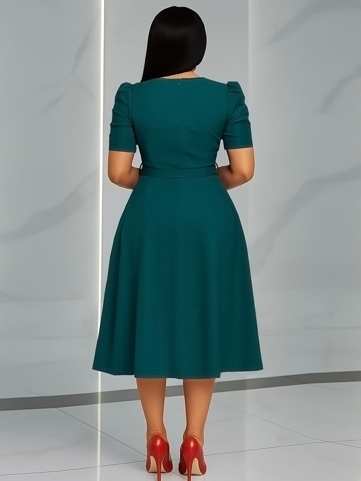 Women's Elegant V-Neck Ruffle Midi Dress with Waist Belt