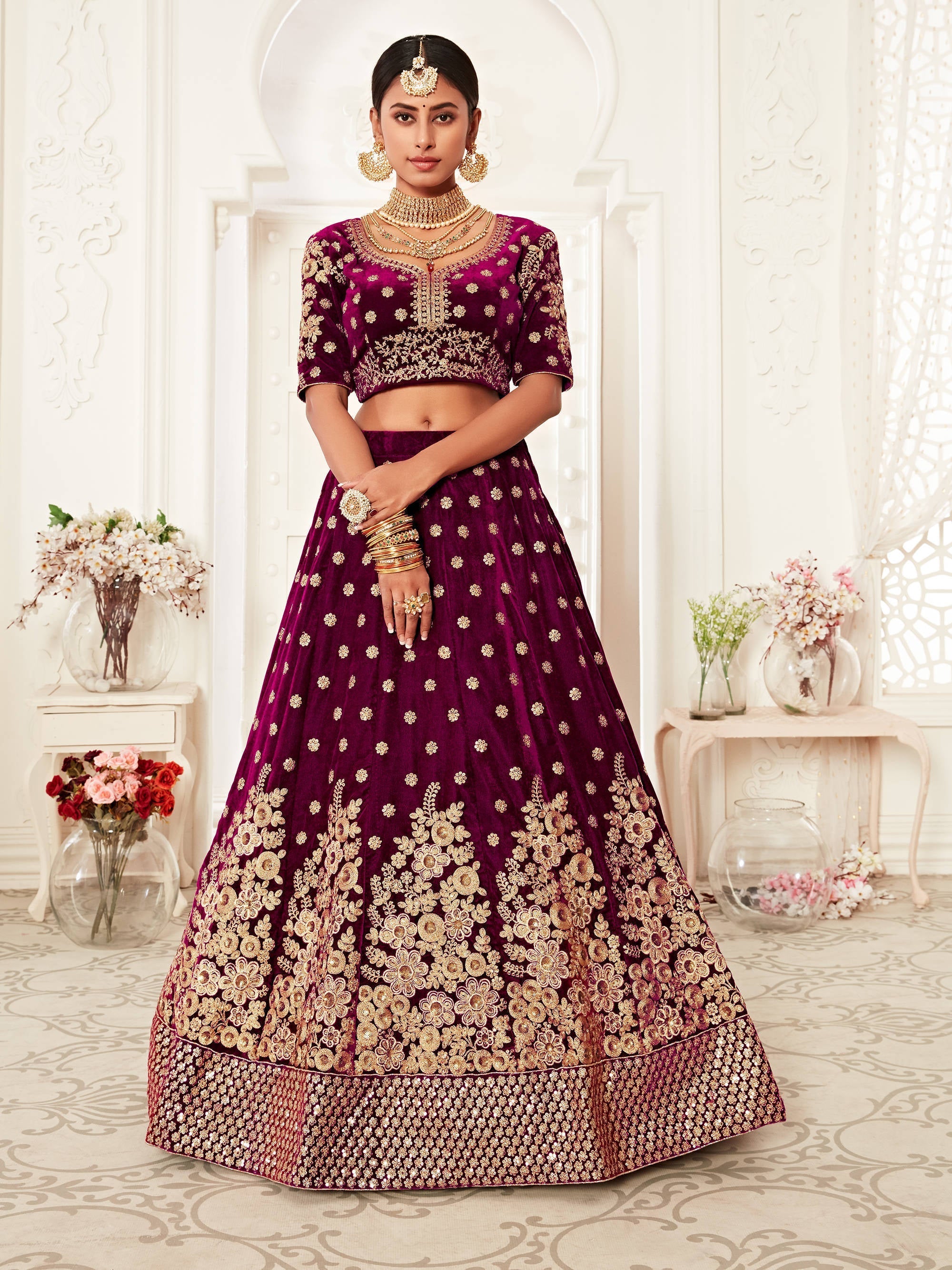 Hypnotic Purple Floral Embroidery Velvet Wedding Lehenga Choli With pink Dupatta