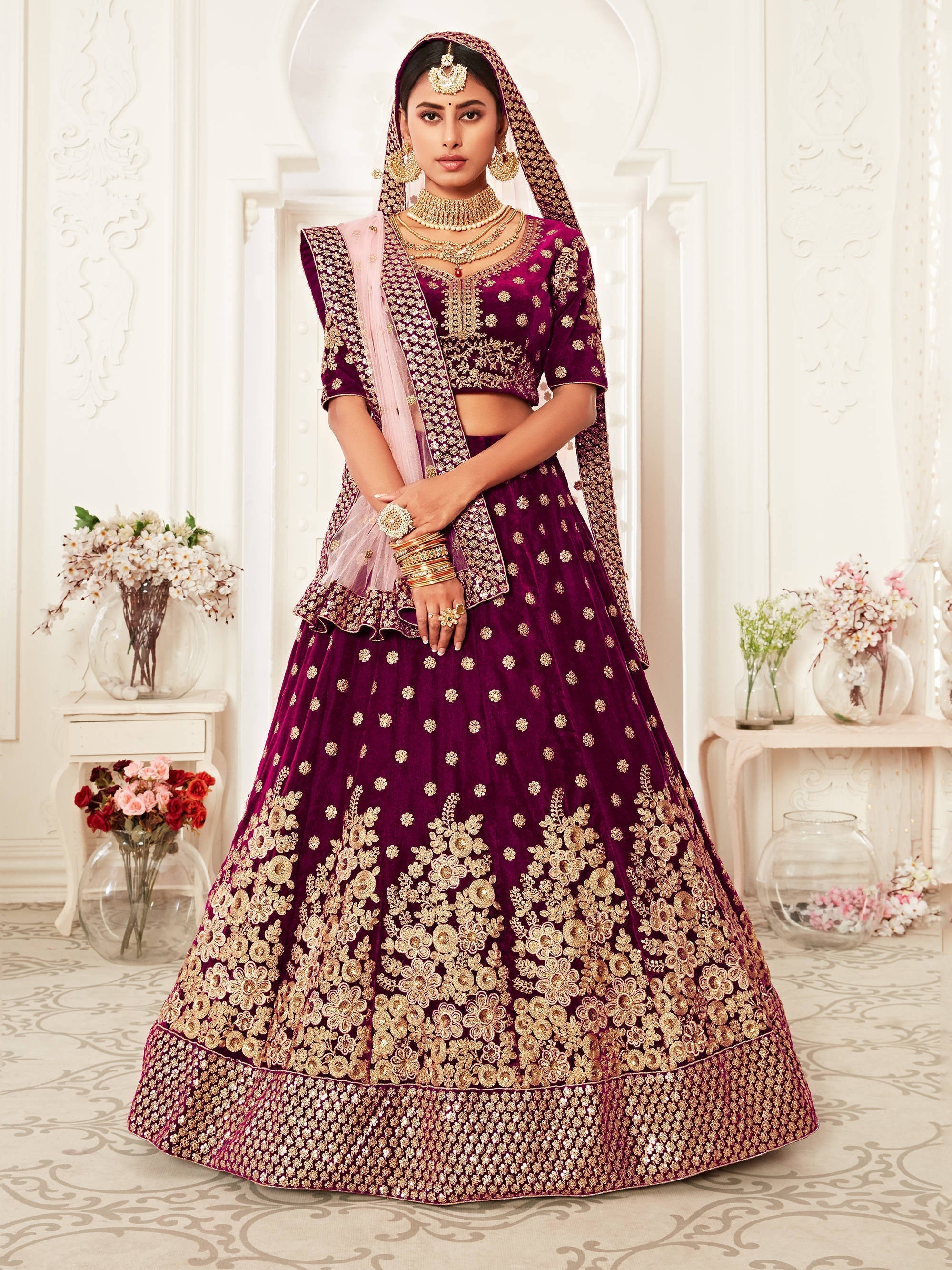 Hypnotic Purple Floral Embroidery Velvet Wedding Lehenga Choli With pink Dupatta