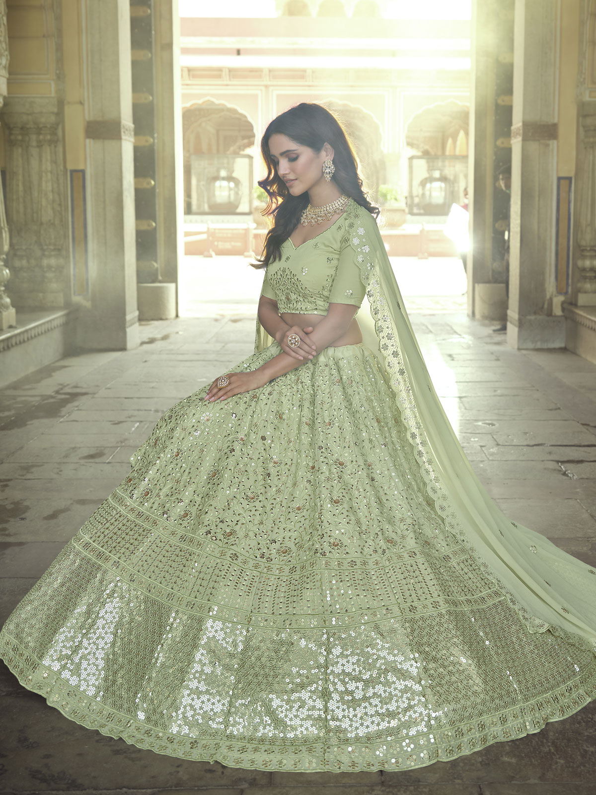 Pista Green Georgette Partywear Lehenga Choli