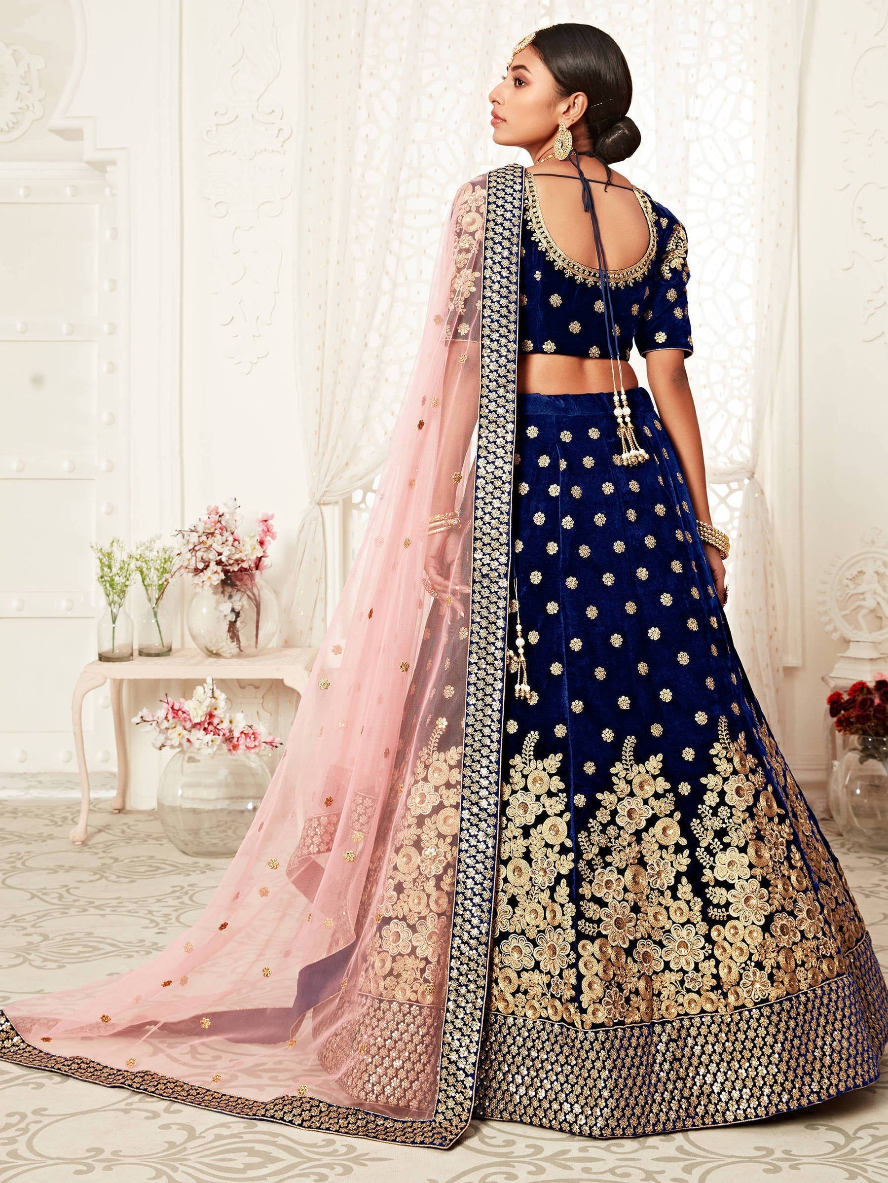 Stunning Navy Blue Floral Embroidery Velvet Bridal Lehenga Choli With Dupatta