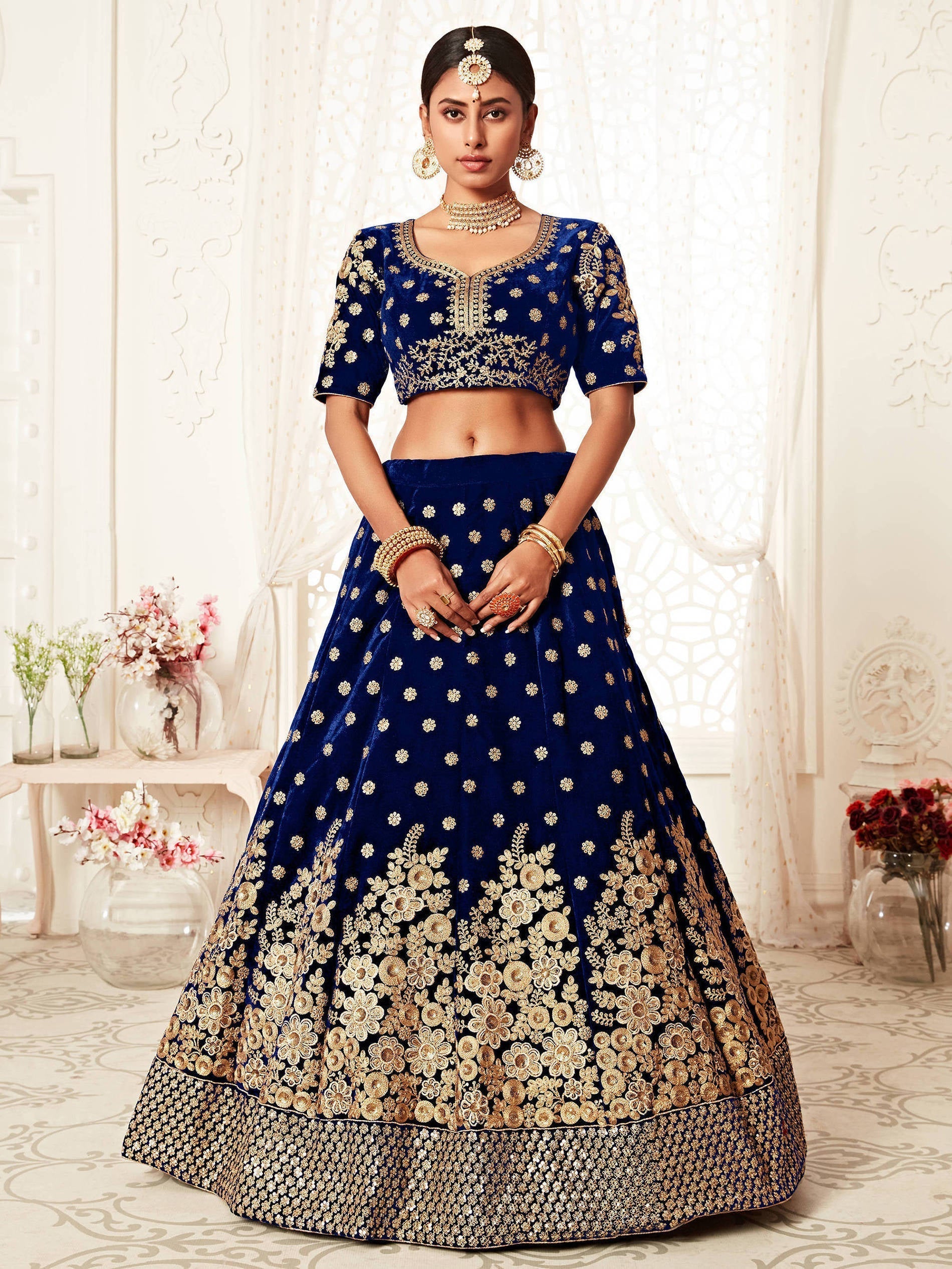 Stunning Navy Blue Floral Embroidery Velvet Bridal Lehenga Choli With Dupatta